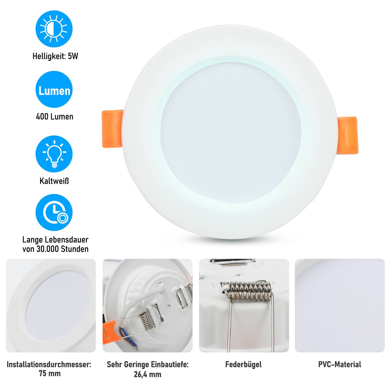 LED Einbaustrahler 20 Stück 5W Kaltweiß nicht dimmbar 400LM flache Einbauleuchte Deckeneinbauleuchte Strahler