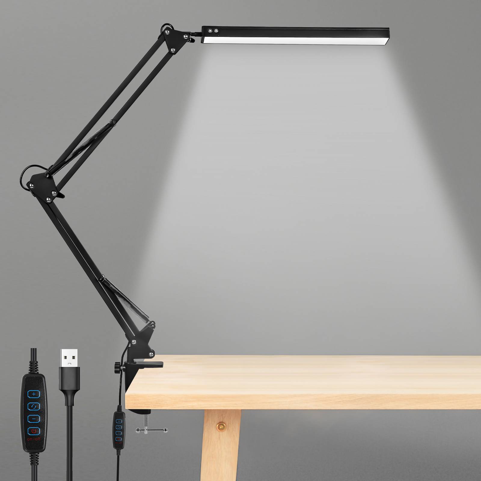 LED Schreibtischlampe dimmbar 10 Helligkeitsstufen 3 Farbtemperaturen Naturlicht Kaltlicht Warmlicht verstellbarer Arm Klemmleuchte USB Metall Büro