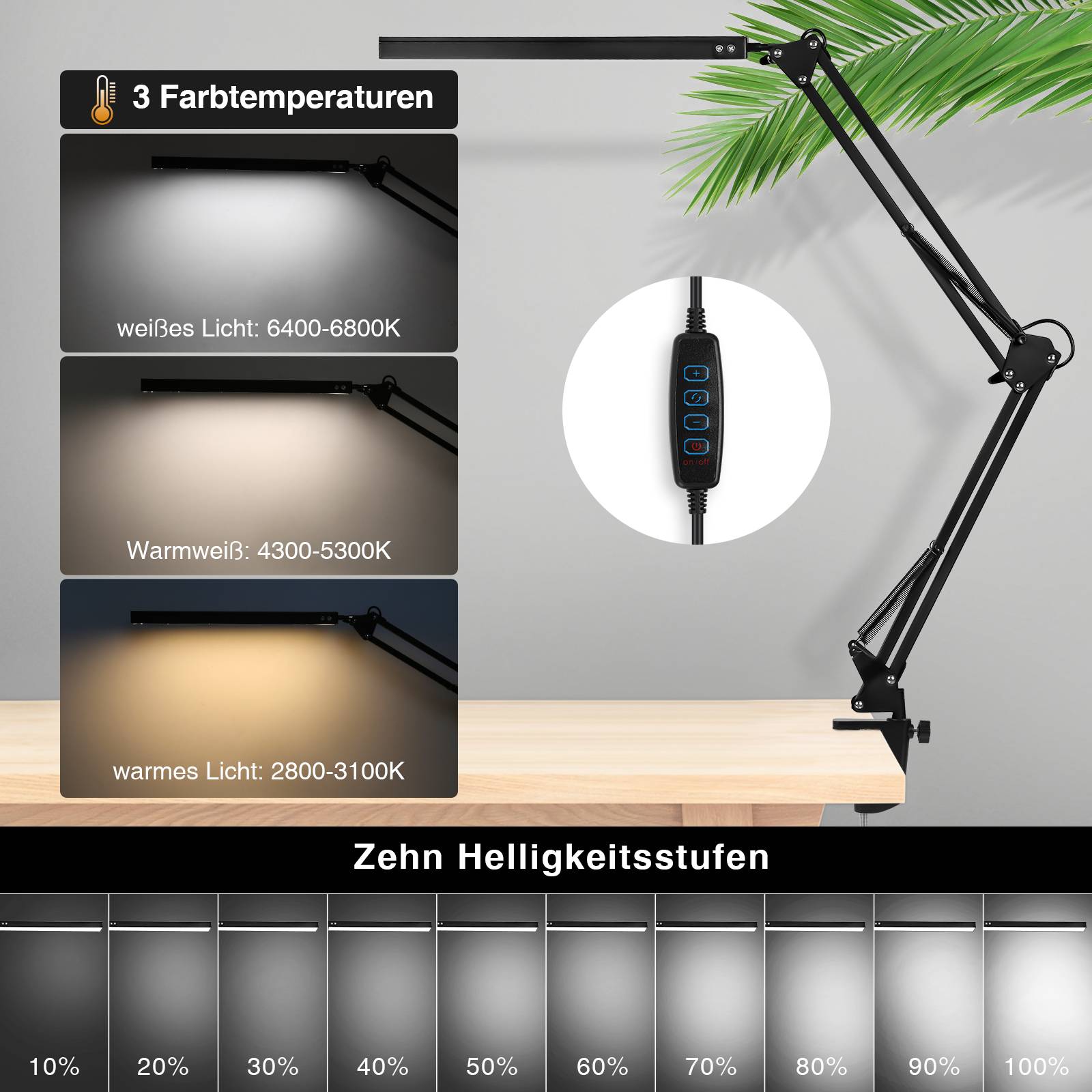 LED Schreibtischlampe dimmbar 10 Helligkeitsstufen 3 Farbtemperaturen Naturlicht Kaltlicht Warmlicht verstellbarer Arm Klemmleuchte USB Metall Büro