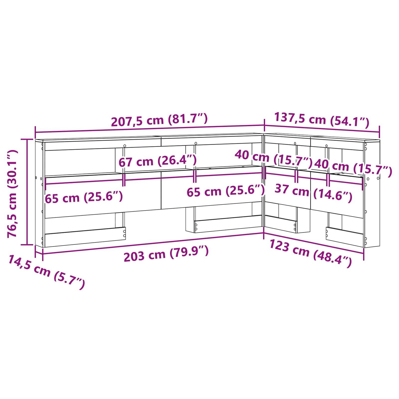 L-förmiger Schreibtisch Abmessungen: 207,5 cm mal 137,5 cm, mit beschrifteten Höhen- und Regalmessungen. Höhe: 76,5 cm, Tiefe: 14,5 cm.