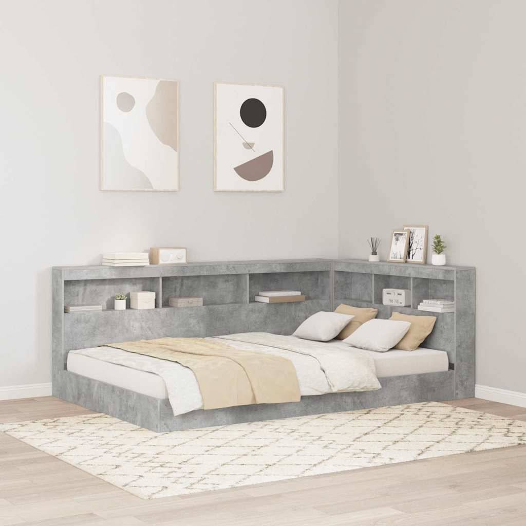 Ein modernes Schlafzimmer präsentiert ein niedriges Podestbett mit neutraler Bettwäsche, integrierten Regalen und abstrakter Kunst an hellgrauen Wänden.