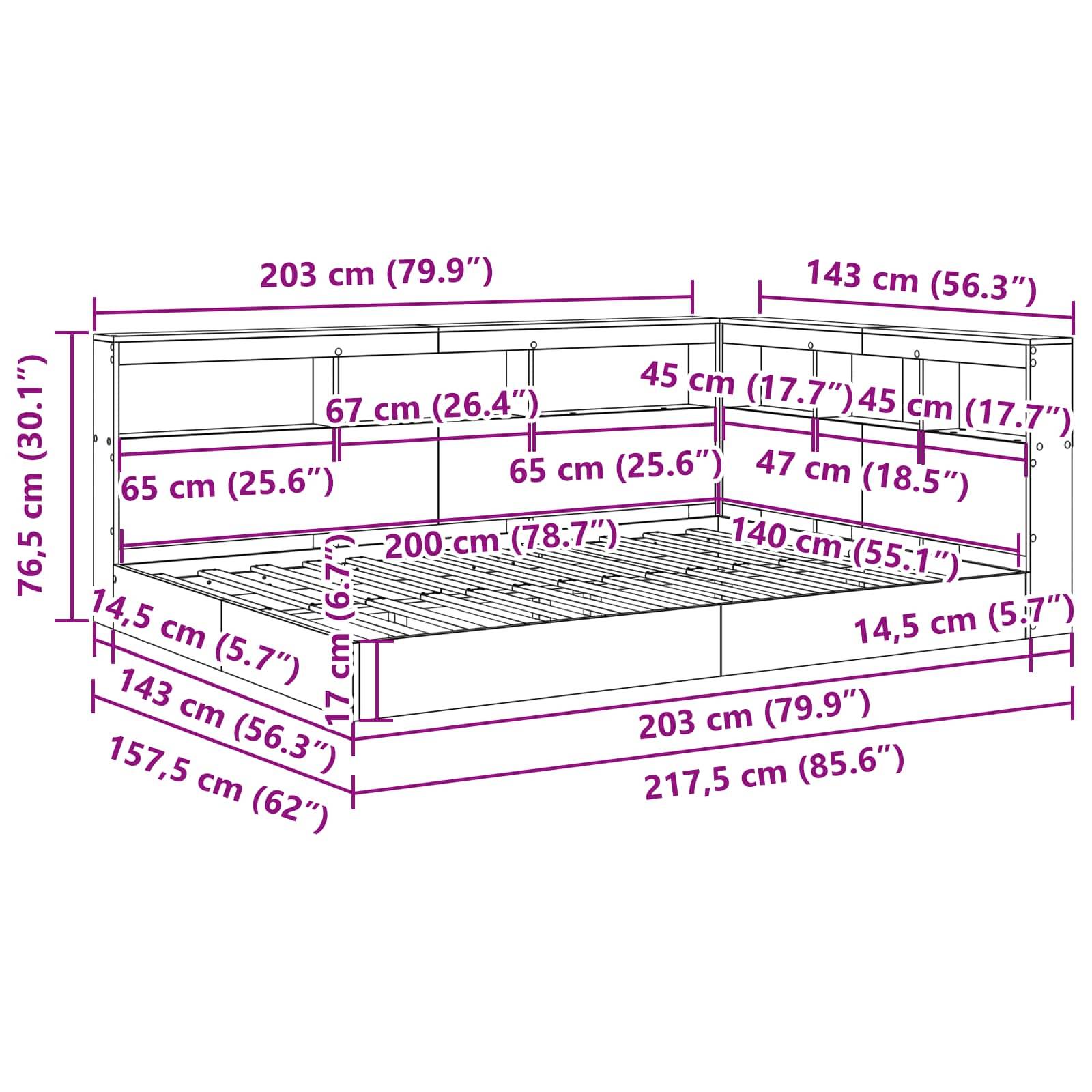 Diagramm eines Bettgestells mit detaillierten Abmessungen, die in Zentimetern und Zoll beschriftet sind und Breite, Höhe und Tiefe zeigen.