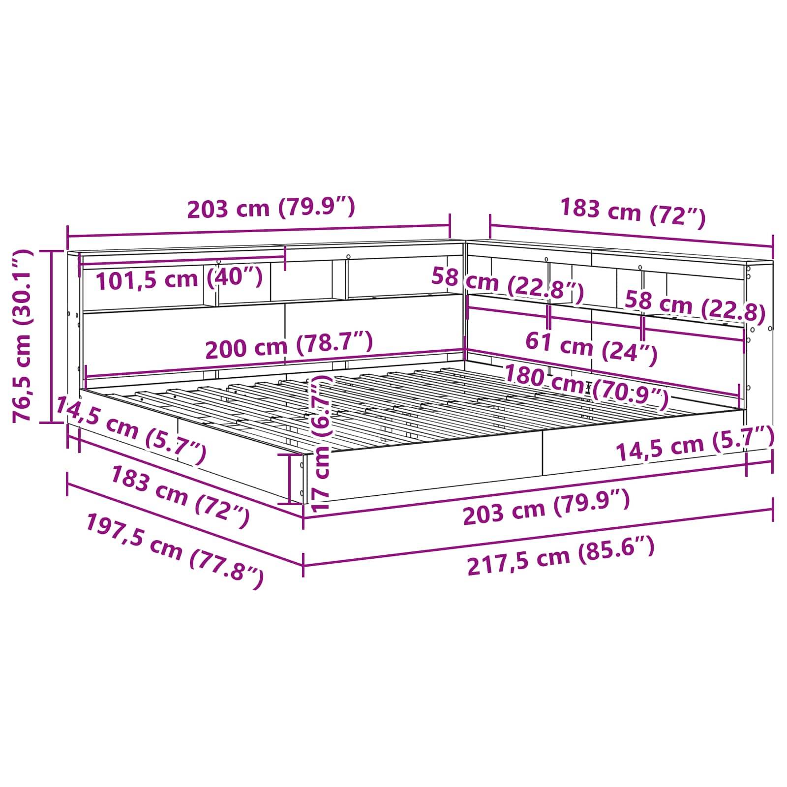 vidaXL Bücherregal-Bett Betongrau 180 x 200 cm Holzwerkstoff