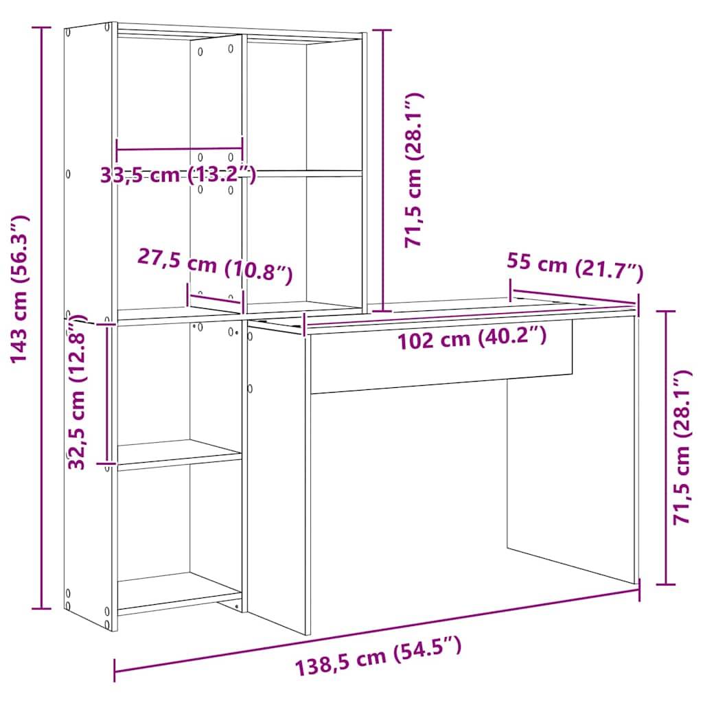 vidaXL Schreibtisch Sonoma-Eiche 138,5 x 55 x 143 cm Holzwerkstoff