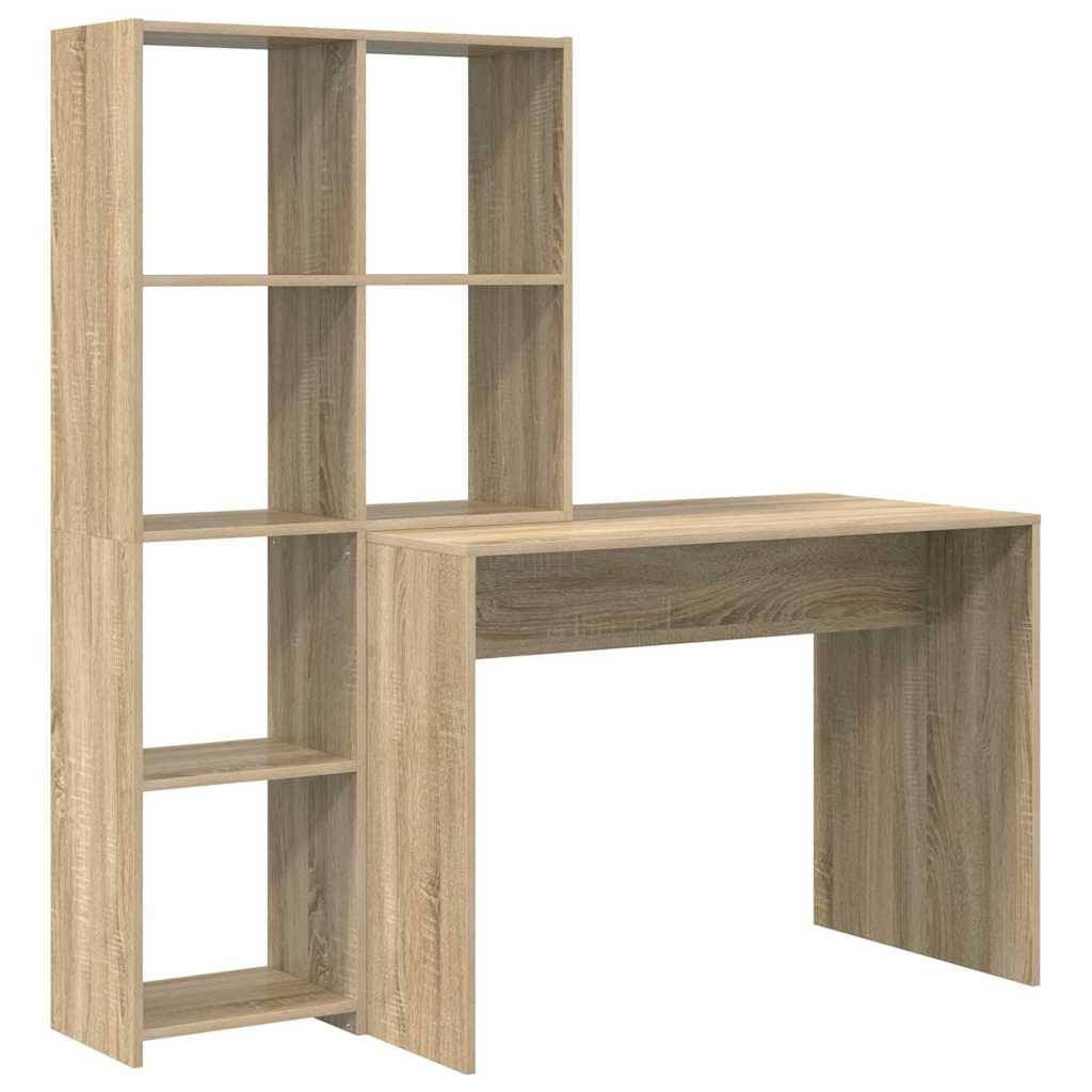 Holzschreibtisch mit integriertem Bücherregal, das vier Fächer auf der linken Seite umfasst. Konzipiert für Home Offices oder Arbeitsbereiche.