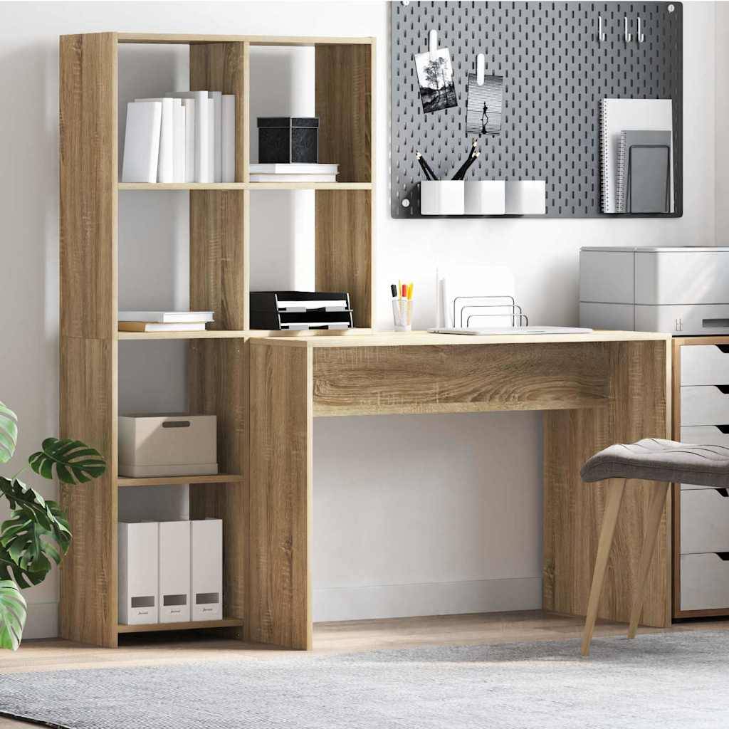 Ein moderner Schreibtisch mit Holzoberfläche, auf dem ein Computer, Bücher und Schreibwaren platziert sind. Die Regale sind mit Büchern und Akten gefüllt.