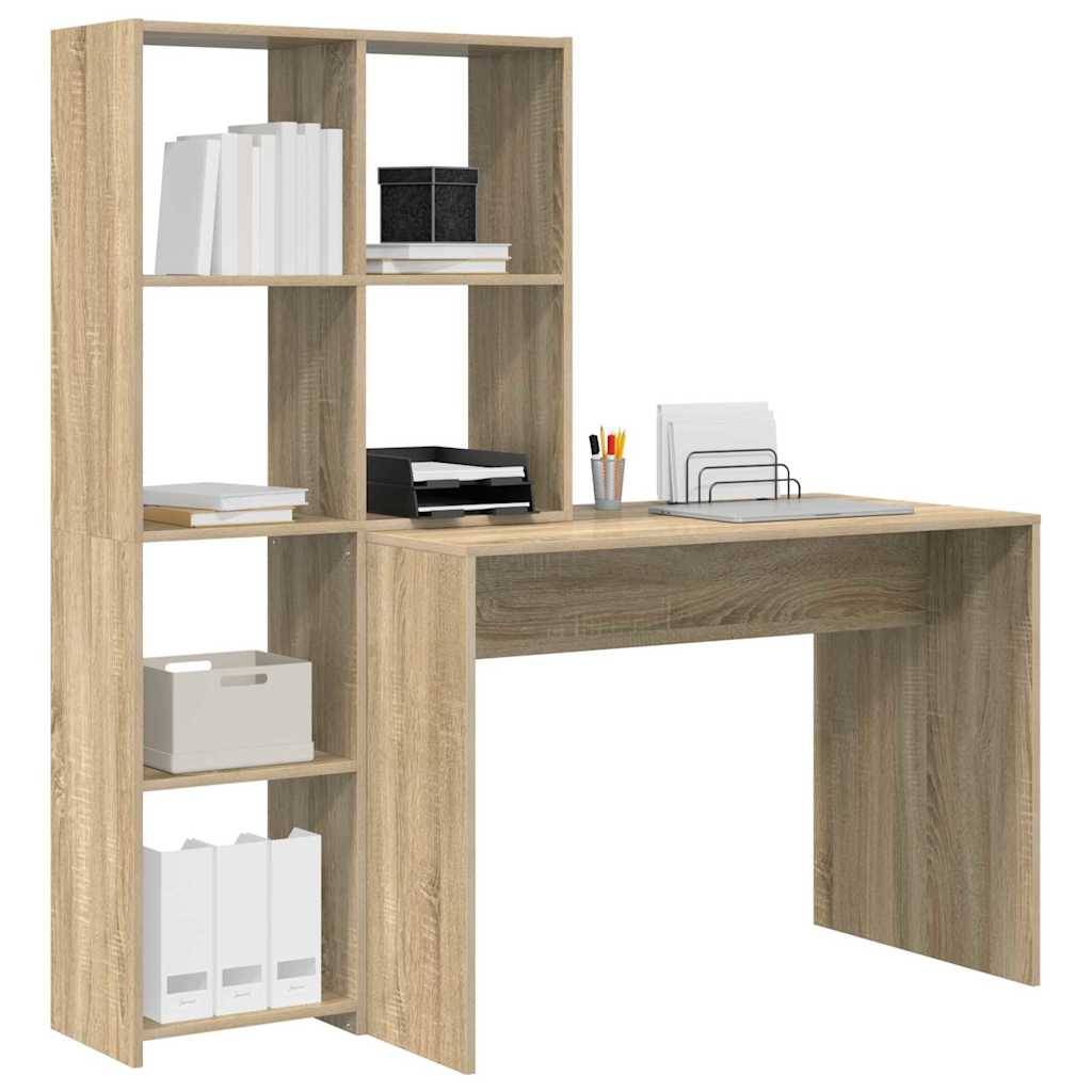 Ein Holzschreibtisch mit angeschlossenen Regalen. Die Regale tragen Bücher, eine Zierdose und einen Behälter. Der Schreibtisch verfügt über einen Dokumentenhalter und einige Ordner.