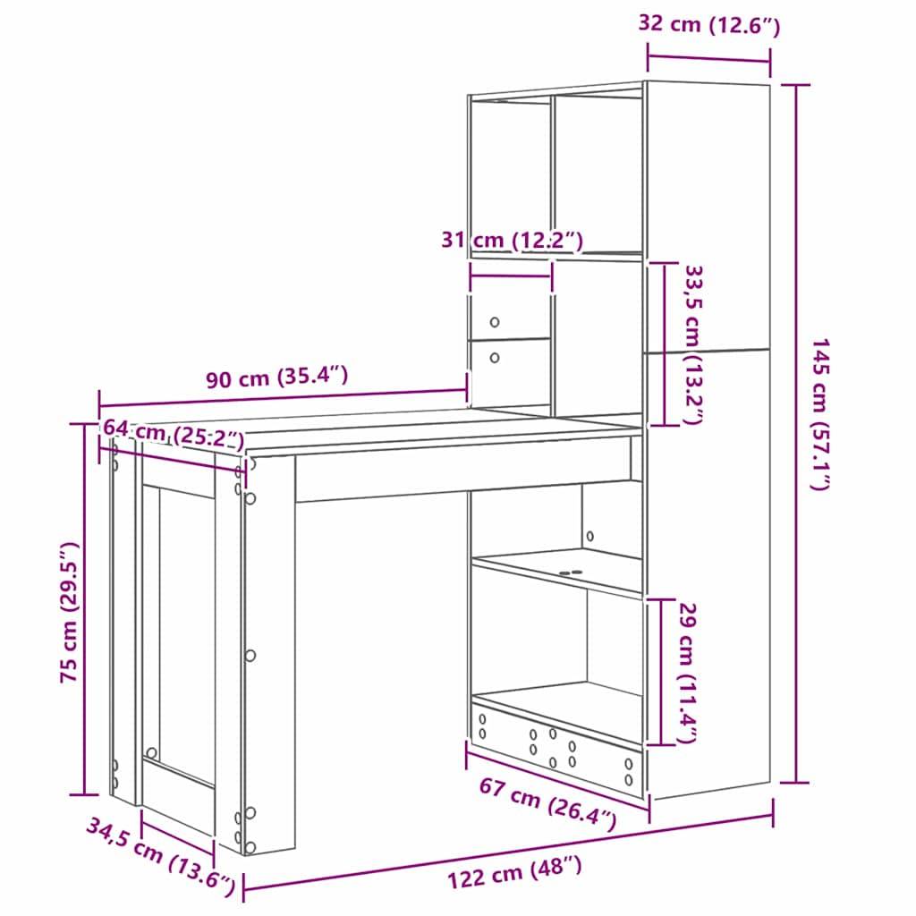 vidaXL Schreibtisch mit Regal Altholz 122 x 67 x 145 cm Holzwerkstoff