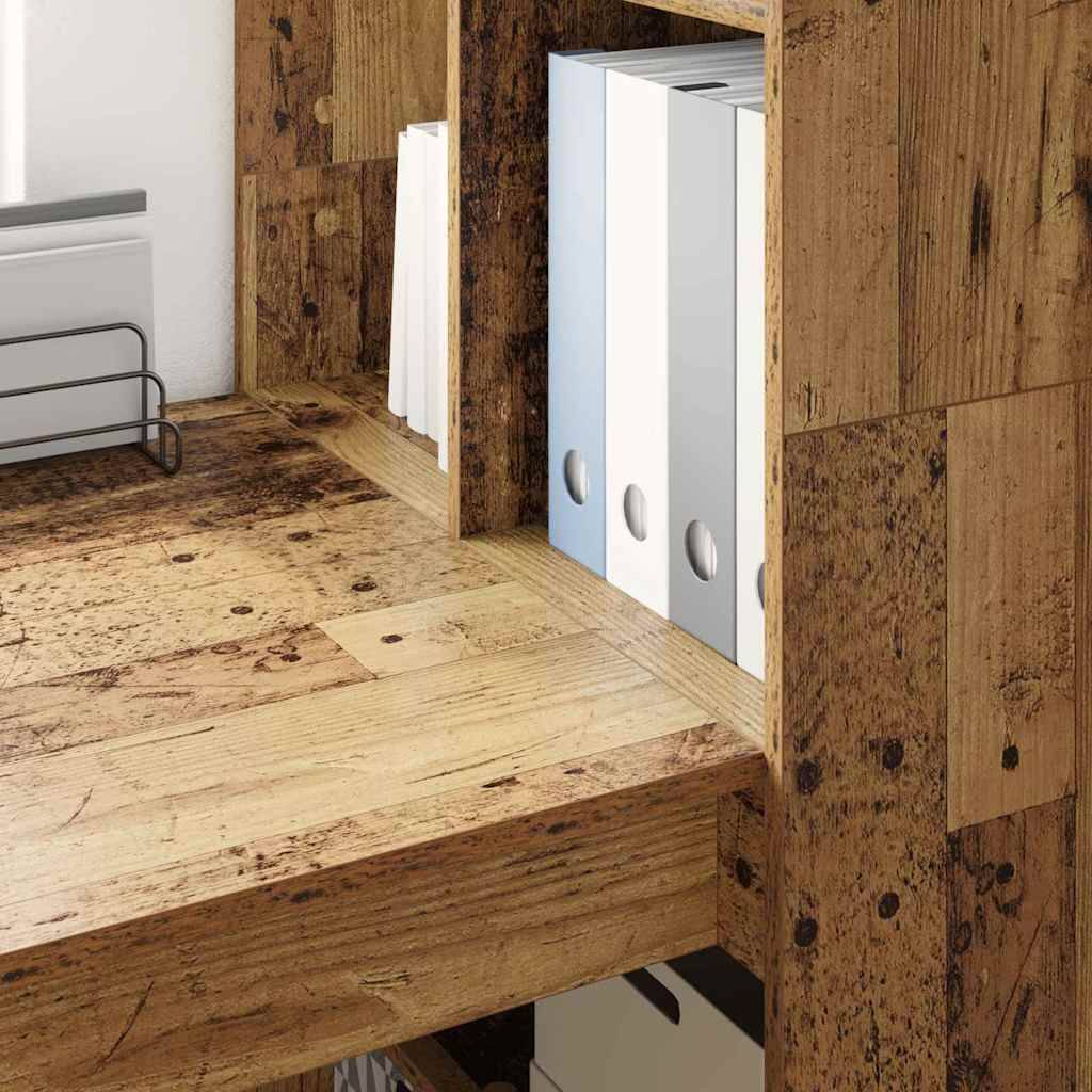 Holzregal mit drei weißen und zwei hellblauen Ordnern, neben einem vertikalen Aktenorganizer auf einem Holzschreibtisch.
