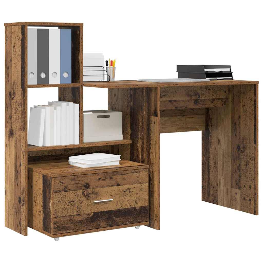 Holzschreibtisch mit angeschlossenen Regalen. Beinhaltet eine Schublade, ein Regal für Bücher oder Ordner sowie eine Arbeitsfläche mit Büromaterialien darauf.
