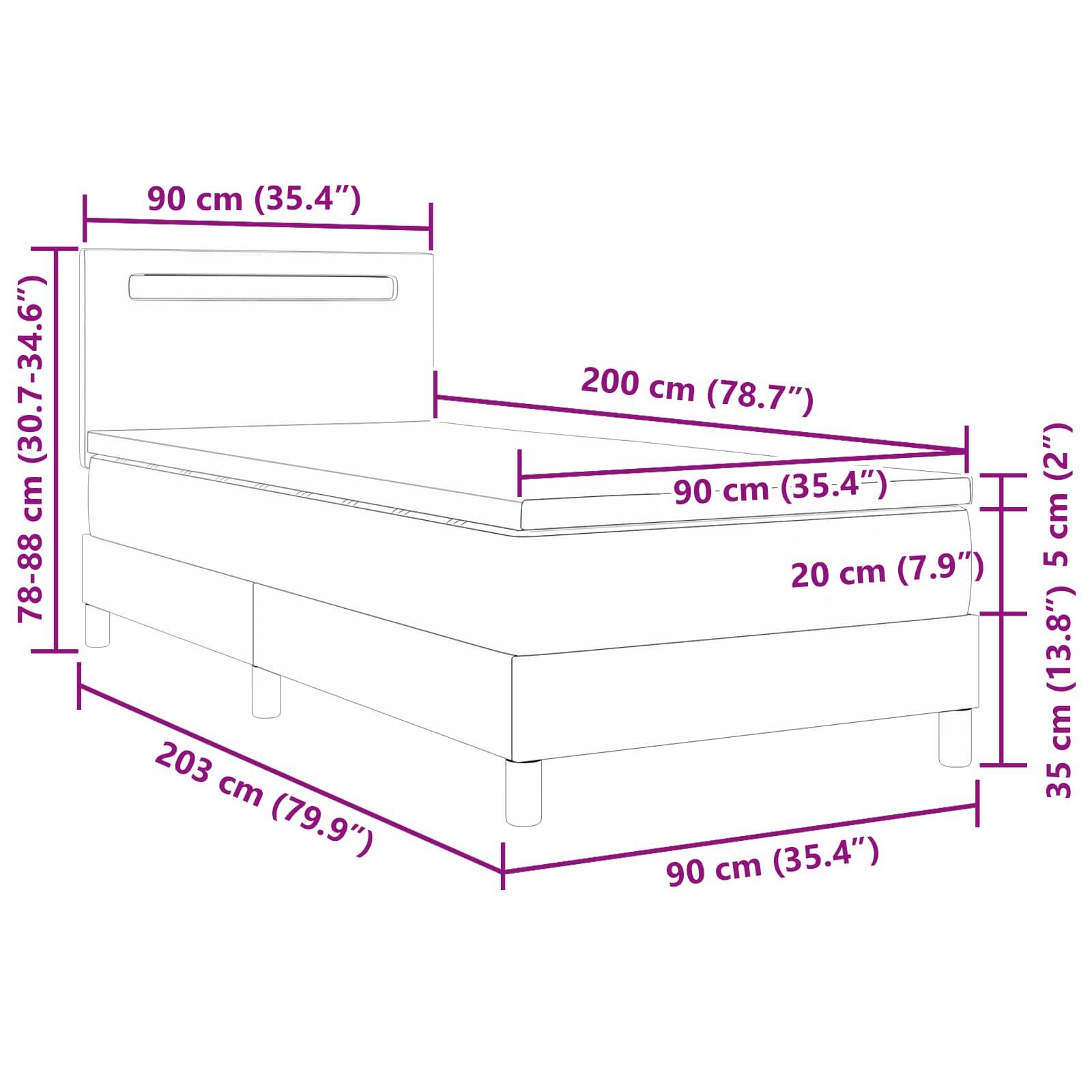 Diagramm eines Bettes mit Abmessungen: Länge 203 cm (79,9