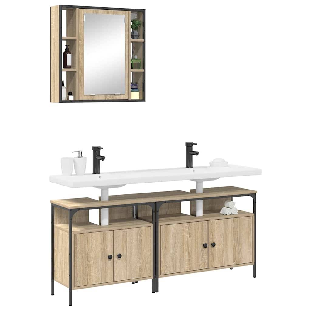 Badezimmermöbel-Set mit einem an der Wand montierten Spiegelschrank und einer Arbeitsplatte mit Doppelwaschbecken. Das Design mit hellem Holz und schwarzem Metallrahmen bietet offene Ablageregale und geschlossene Schränke.