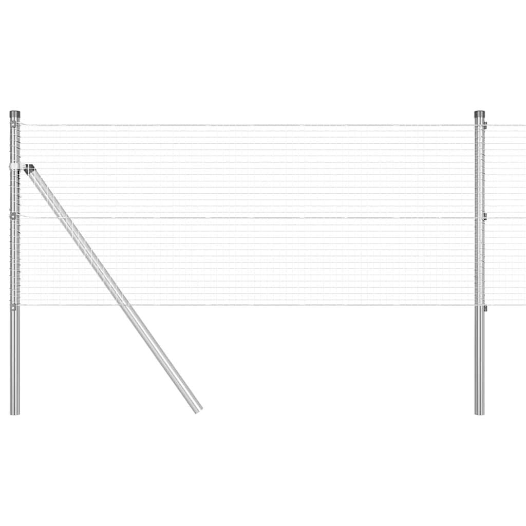 Diagramm eines Maschendrahtzauns mit vertikalen Pfosten, die durch horizontale Drähte verbunden sind, mit einer schrägen Verstrebung links zur Abstützung.