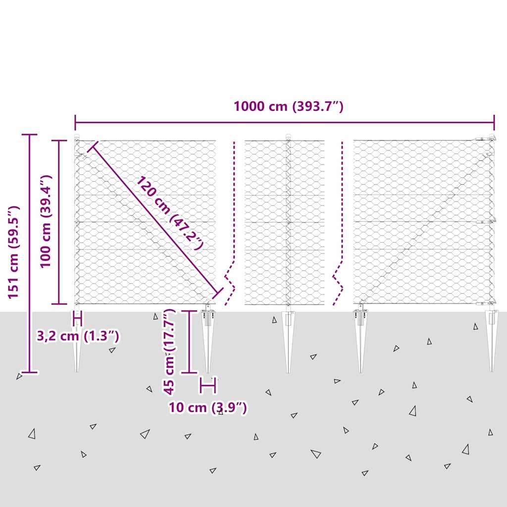 Dimensionsdiagramm eines Drahtgeflecht-Zaunfeldes: 1000 cm Breite, 100 cm Höhe, 151 cm Gesamthöhe, 120 cm Diagonale, mit 45 cm und 10 cm Boden-/Pfostenmessungen.