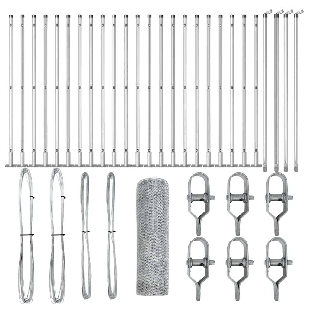 Reparatur-Set für Zäune mit Metallstäben, Schlaufen, Drahtrolle und Klammern zur Montage.