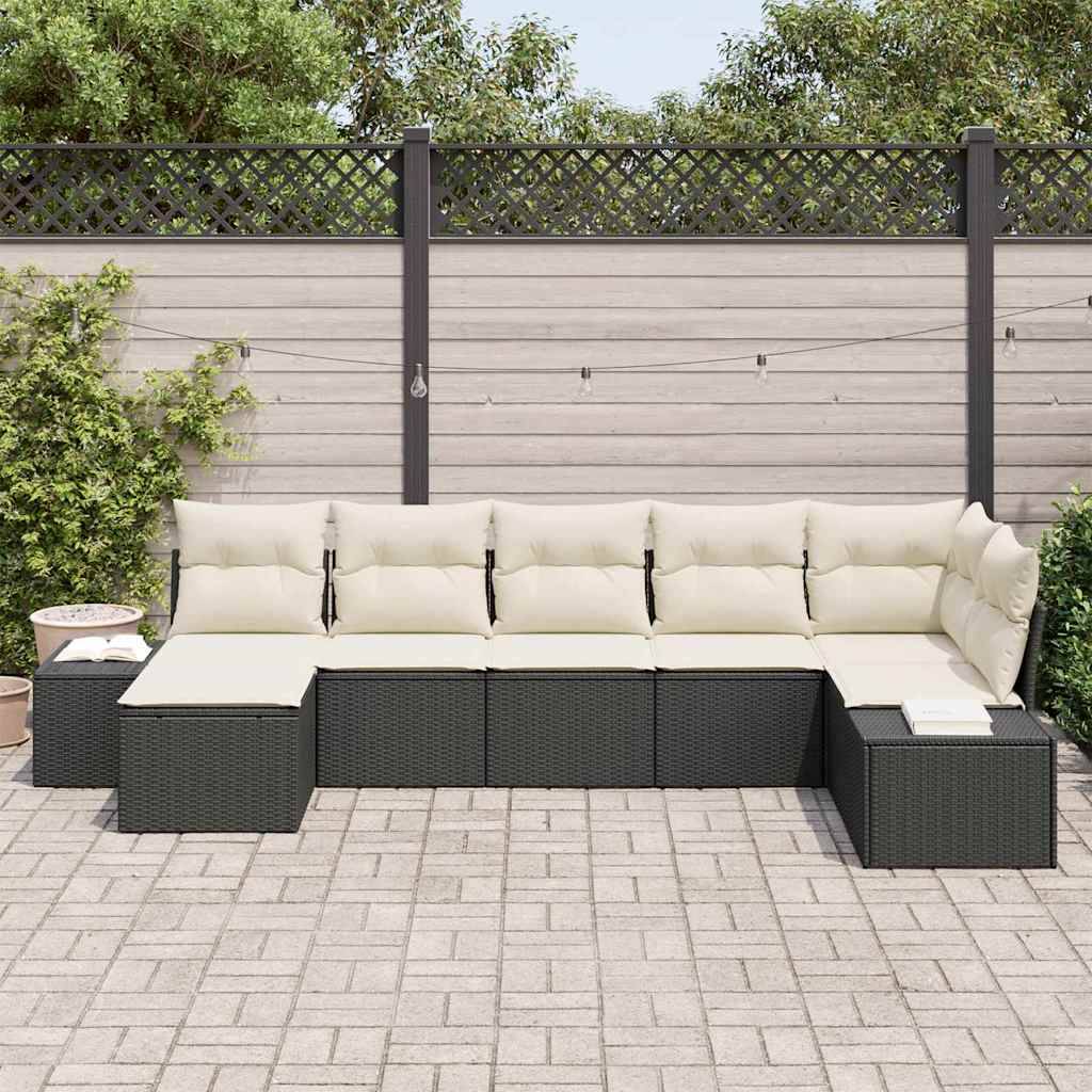vidaXL Garten-Sofa-Set mit Kissen 7 pcs Schwarz Poly-Rattan