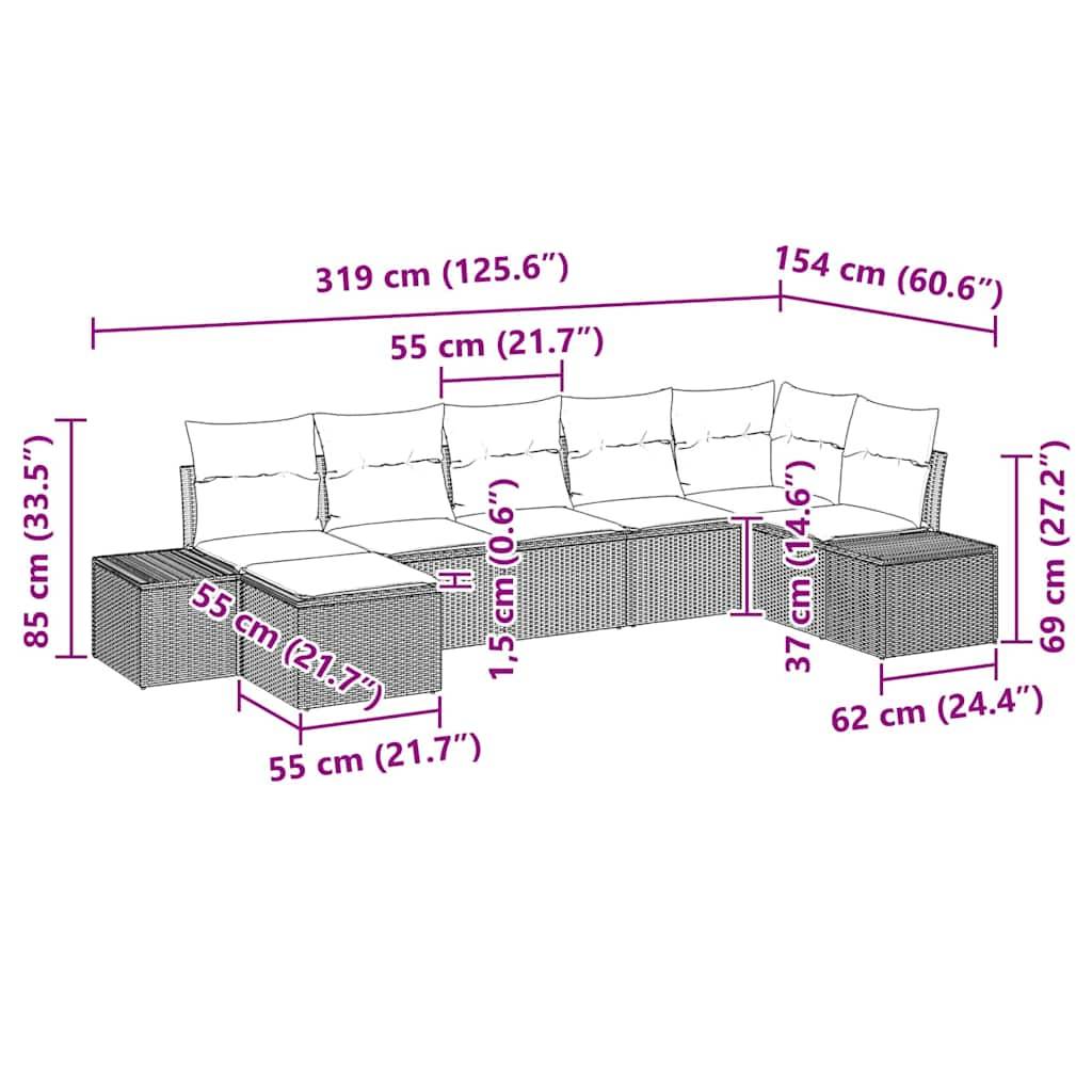 vidaXL Garten-Sofa-Set mit Kissen 7 pcs Schwarz Poly-Rattan