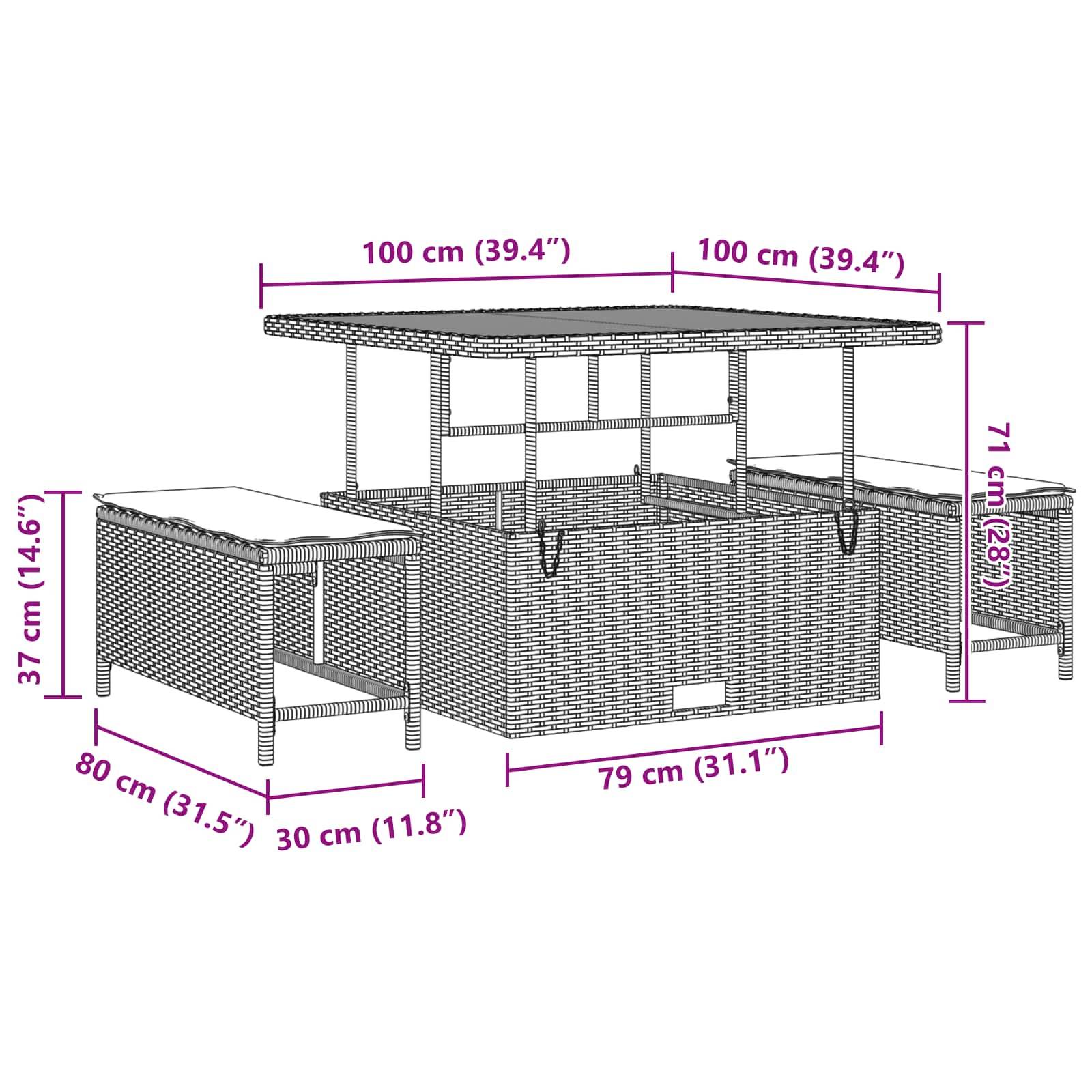 Rattan Gartenmöbel-Set Diagramm mit Maßen: Tisch 100 cm x 100 cm, Höhe 71 cm; Bänke 100 cm lang, 30 cm breit, 37 cm hoch.