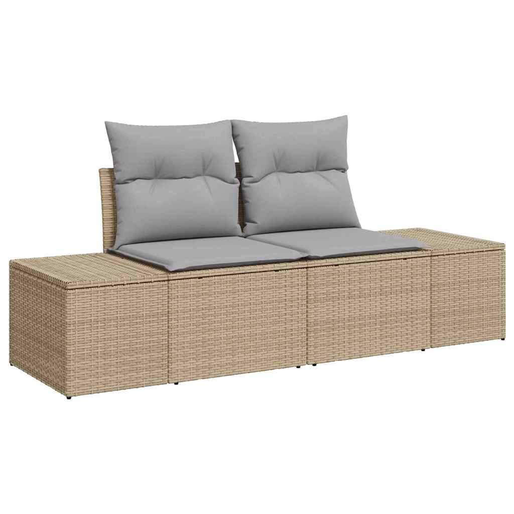 Rattansofa für den Außenbereich mit zwei grauen Kissen, das ein modulares Design für vielseitige Sitzgelegenheiten aufweist. Ideal für Terrassen oder Gärten.