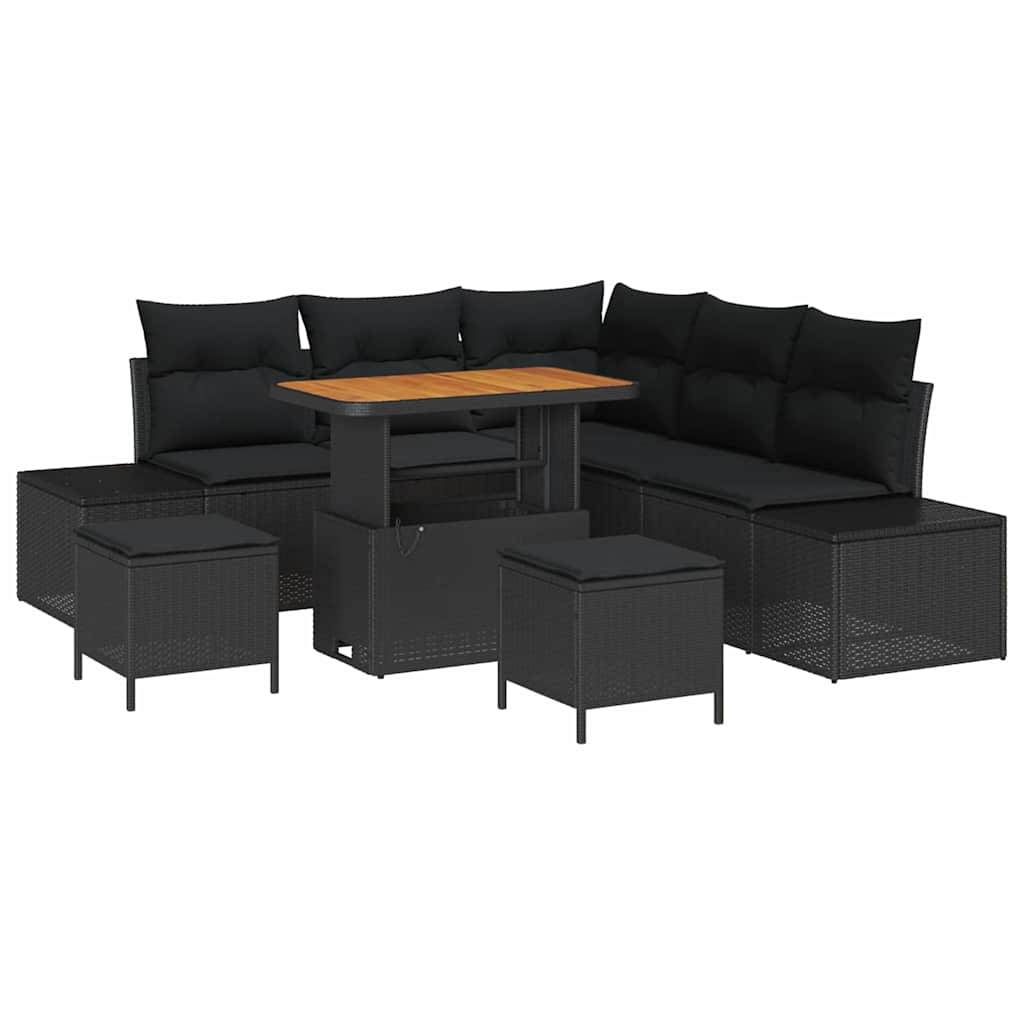 L-förmiges schwarzes Outdoor-Sektional mit Kissen, inklusive eines rechteckigen Tisches mit Holzplatte und drei passenden Würfelhockern, alle auf einer Metallbasis.