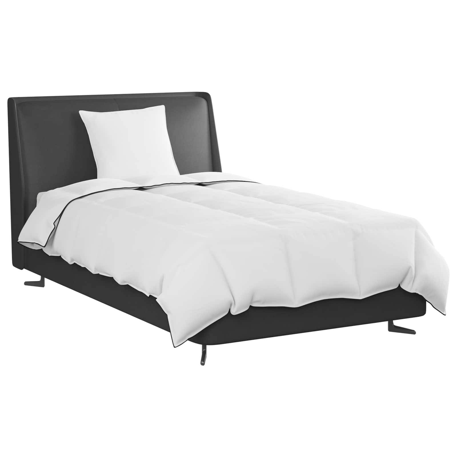 Ein modernes, schwarzes gepolstertes Bett mit einer weißen Matratze und einem weißen Kissen, von einem Winkel aus gezeigt. Das Bett hat ein schlichtes Design und wirkt einladend.