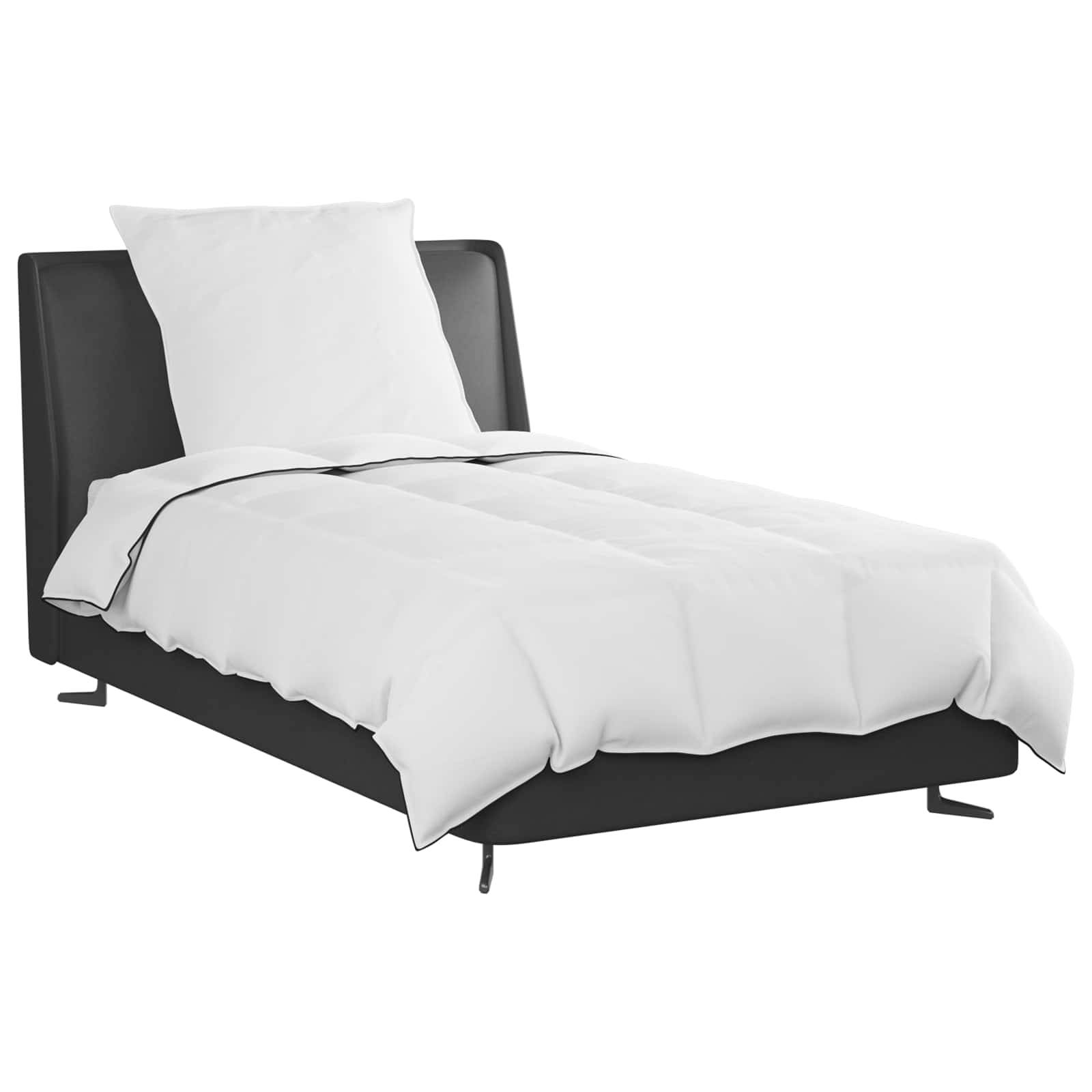 Ein sauber gemachtes Einzelbett mit einem weißen Kissen und einer Bettdecke, vor einem schlichten schwarzen Kopfteil auf kleinen rechteckigen Beinen.