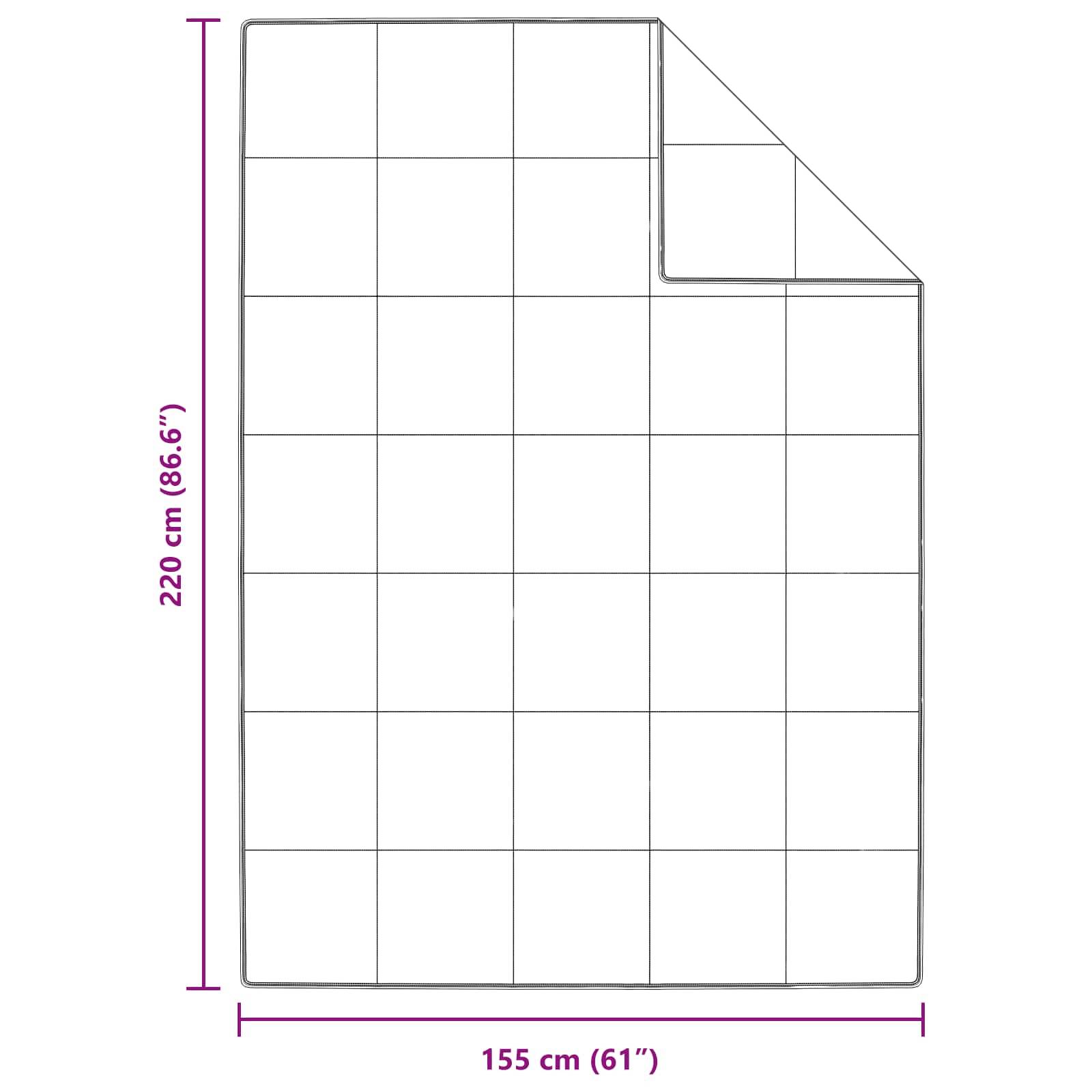Eine Darstellung eines rechteckigen Rasters auf einer Decke mit den Abmessungen: 220 cm (86,6 Zoll) in der Höhe und 155 cm (61 Zoll) in der Breite.