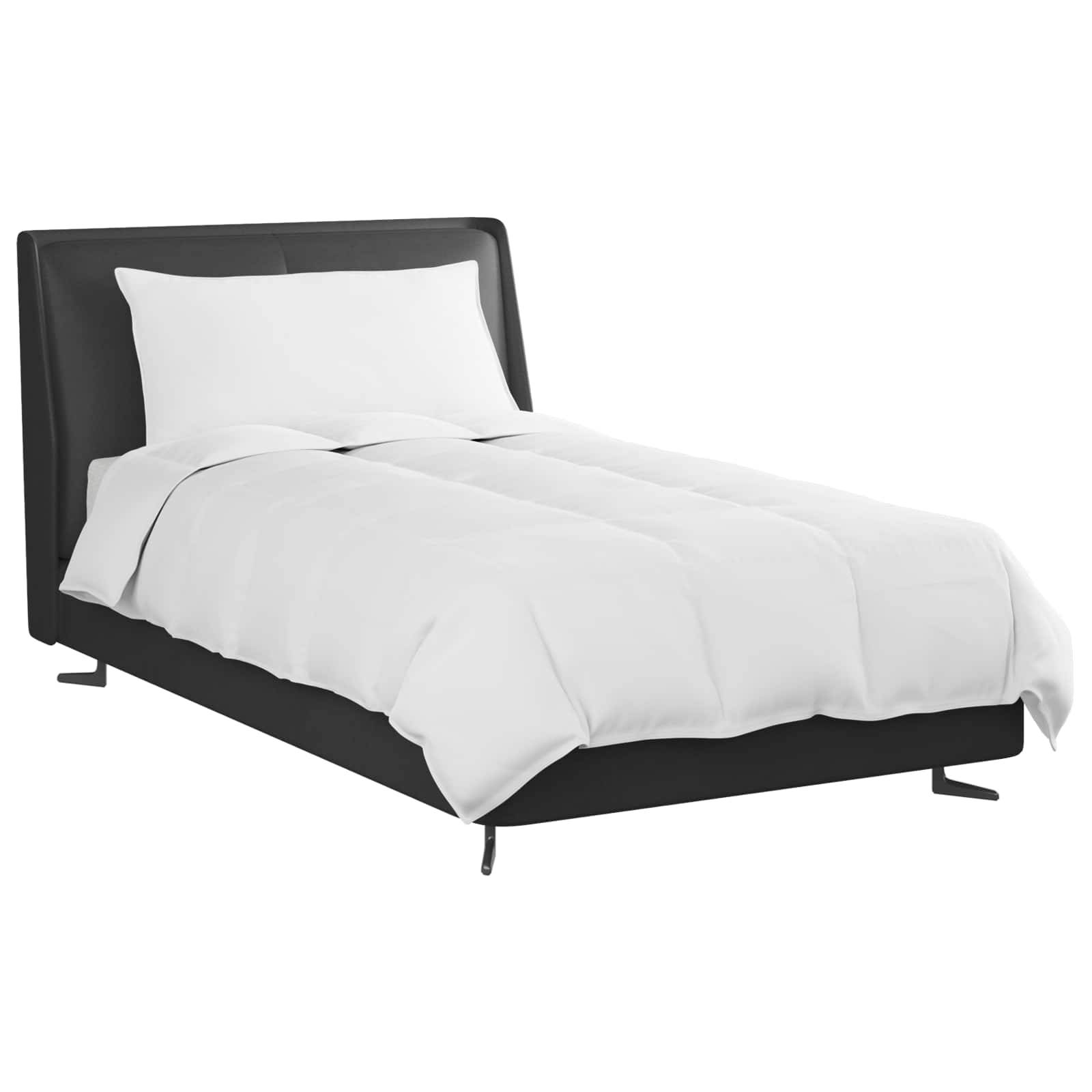 Ein modernes Bett mit einem schwarzen Gestell, weißer Bettwäsche und einem Kissen obenauf, vor einem schlichten Hintergrund.