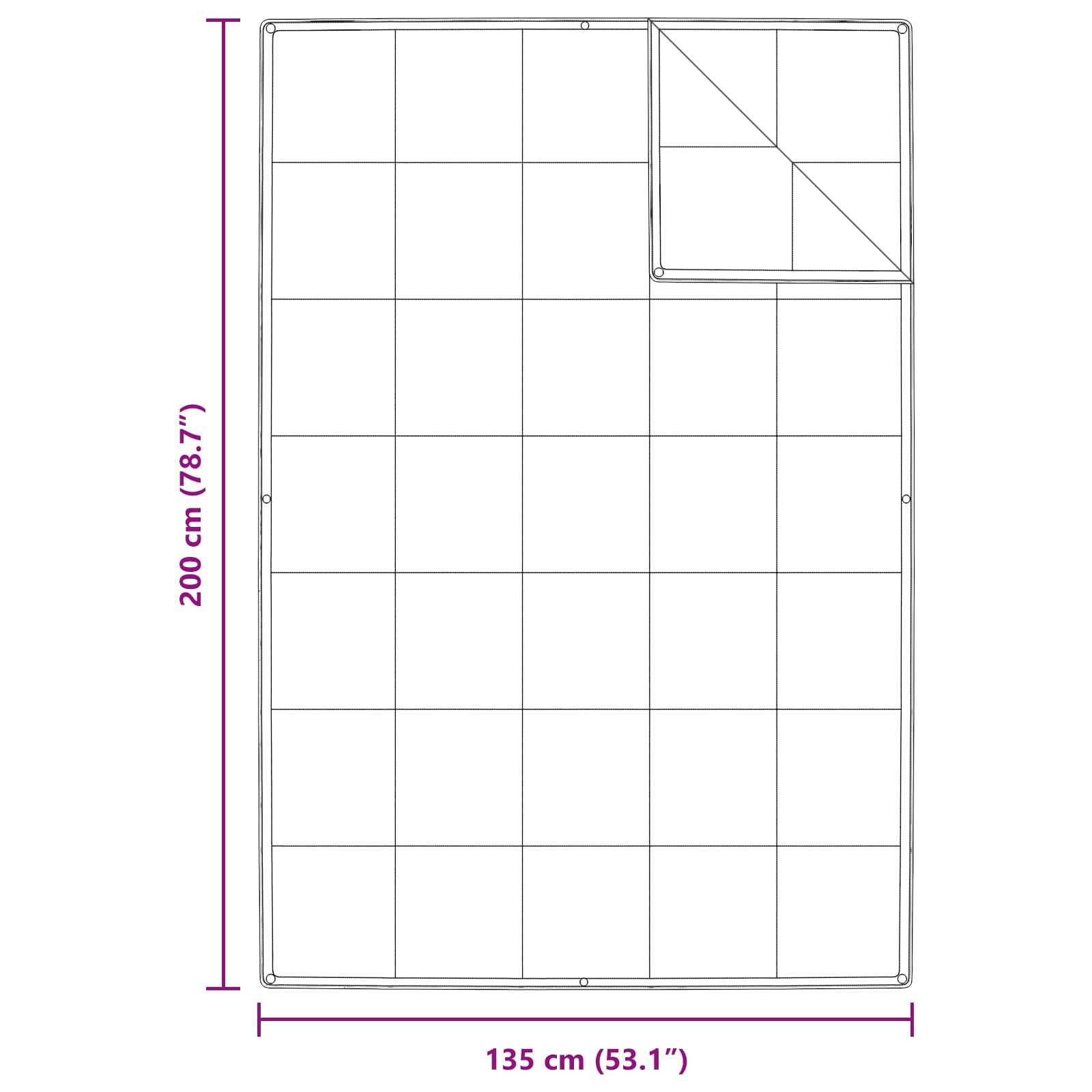 Eine rechteckige Decke mit den Maßen 200 cm x 135 cm, die ein Rastermuster aufweist. Ein kleiner Bereich in der oberen rechten Ecke bildet ein Dreieck.