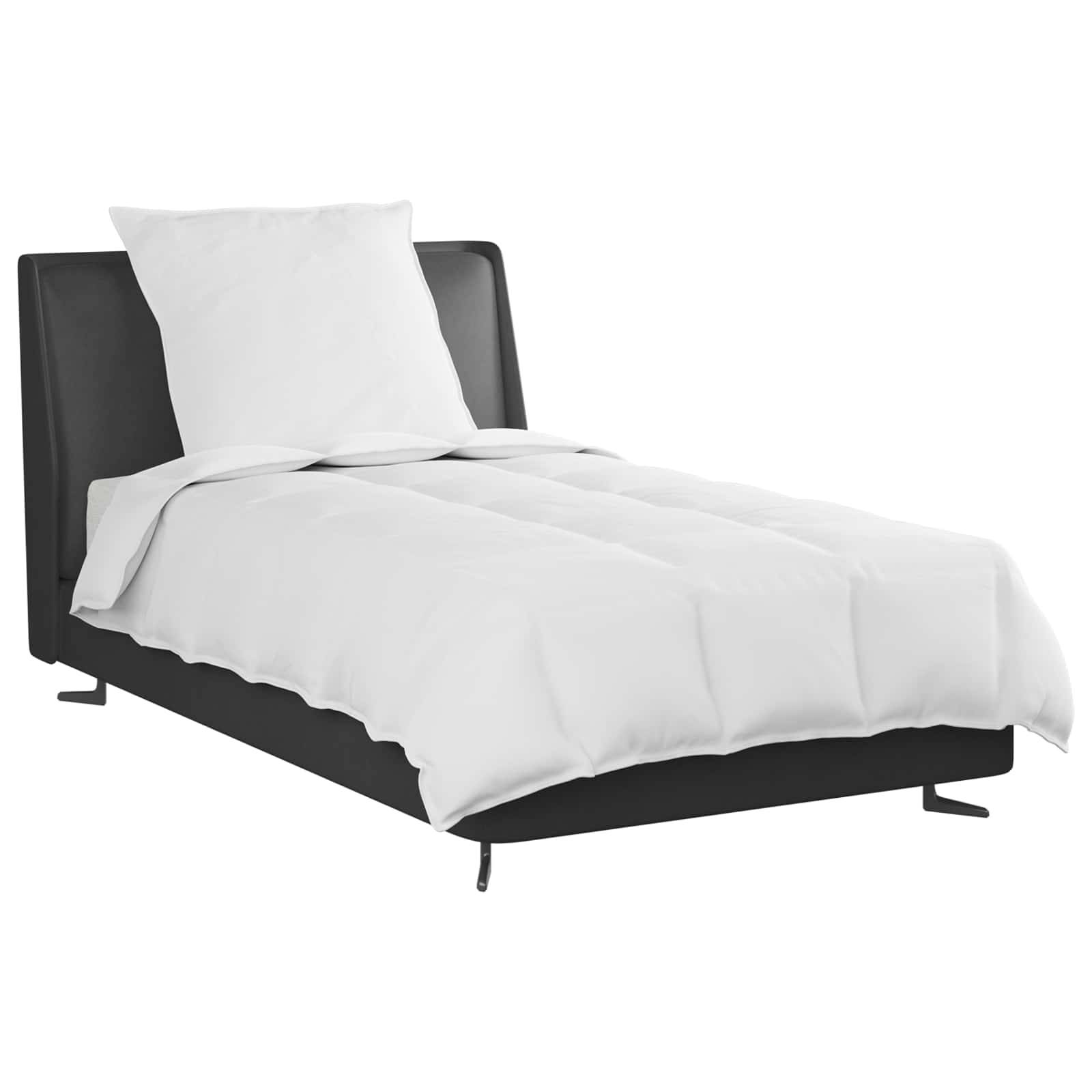 Ein Einzelbett mit einem dunklen Rahmen, weißem Kissen und weißer Bettdecke wird vor einem weißen Hintergrund gezeigt.
