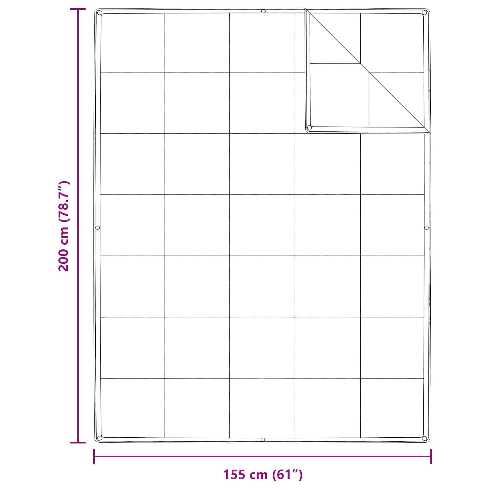 Diagramm einer rechteckigen Decke mit den Maßen 200 cm mal 155 cm (61 Zoll), mit einem dreieckigen Abschnitt in der Ecke.