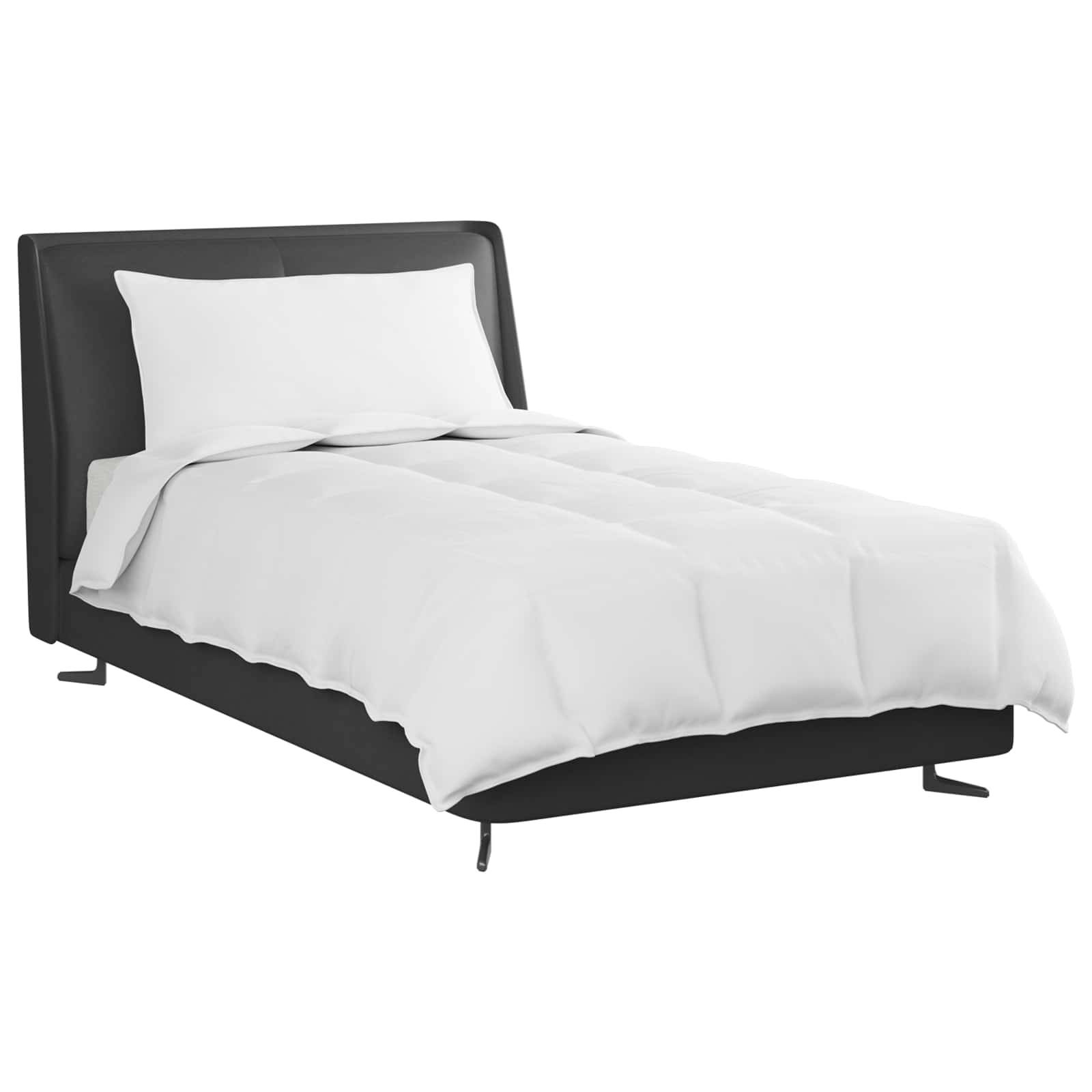 Ein ordentlich gemachtes Bett mit einem schwarzen Rahmen und weißer Bettwäsche und Kissen, vor einem schlichten weißen Hintergrund.