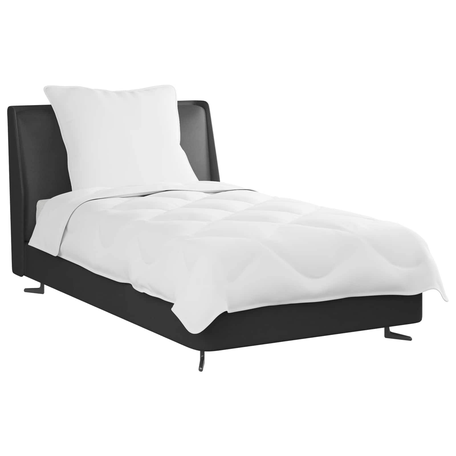Ein modernes schwarzes Bett mit einem weißen Kissen und einer gesteppten Decke, das ein minimalistisches Design präsentiert.