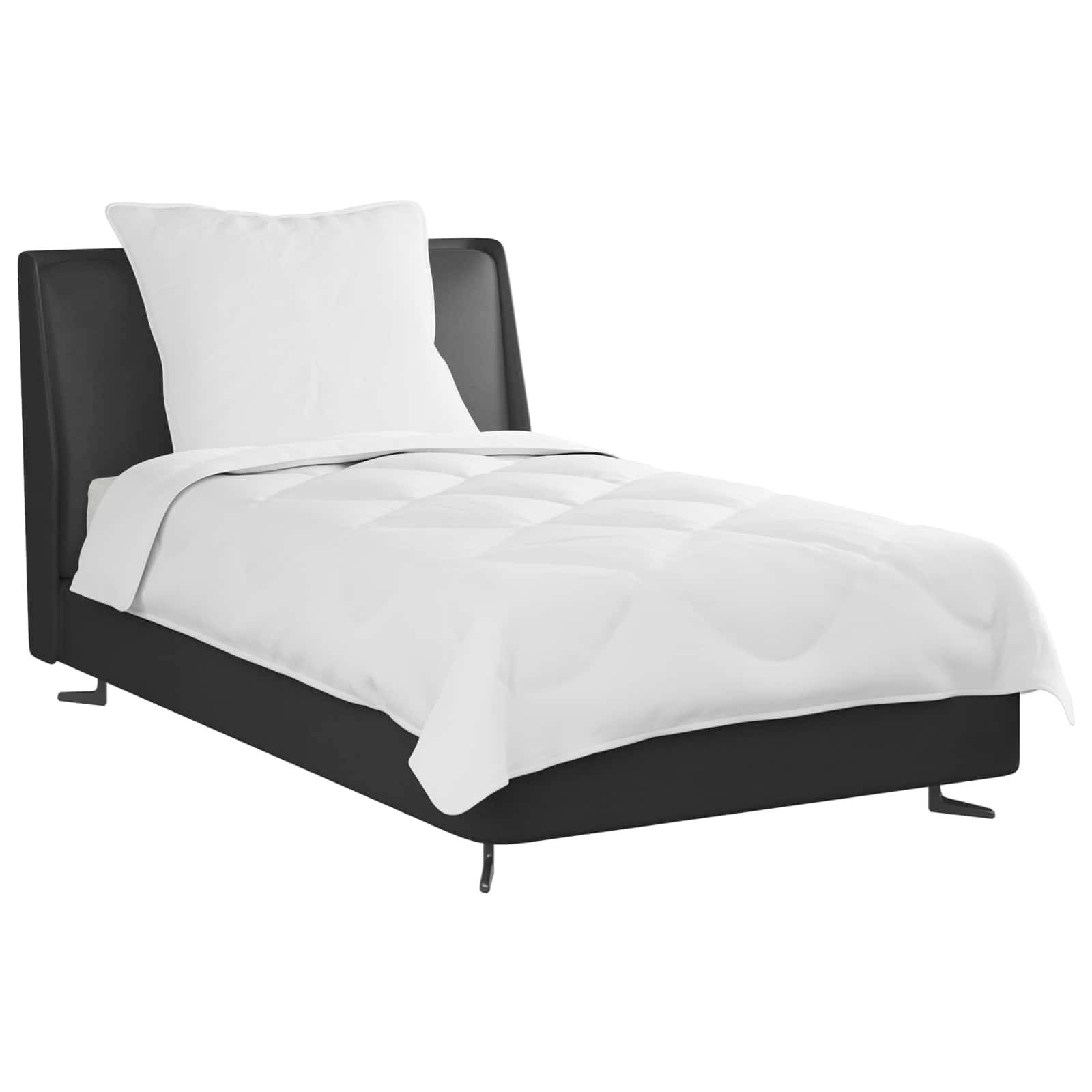 Ein modernes schwarzes Einzelbett mit hohem Kopfteil, weißem Kissen und weißer gesteppter Decke, ordentlich angeordnet und vor einem weißen Hintergrund präsentiert.