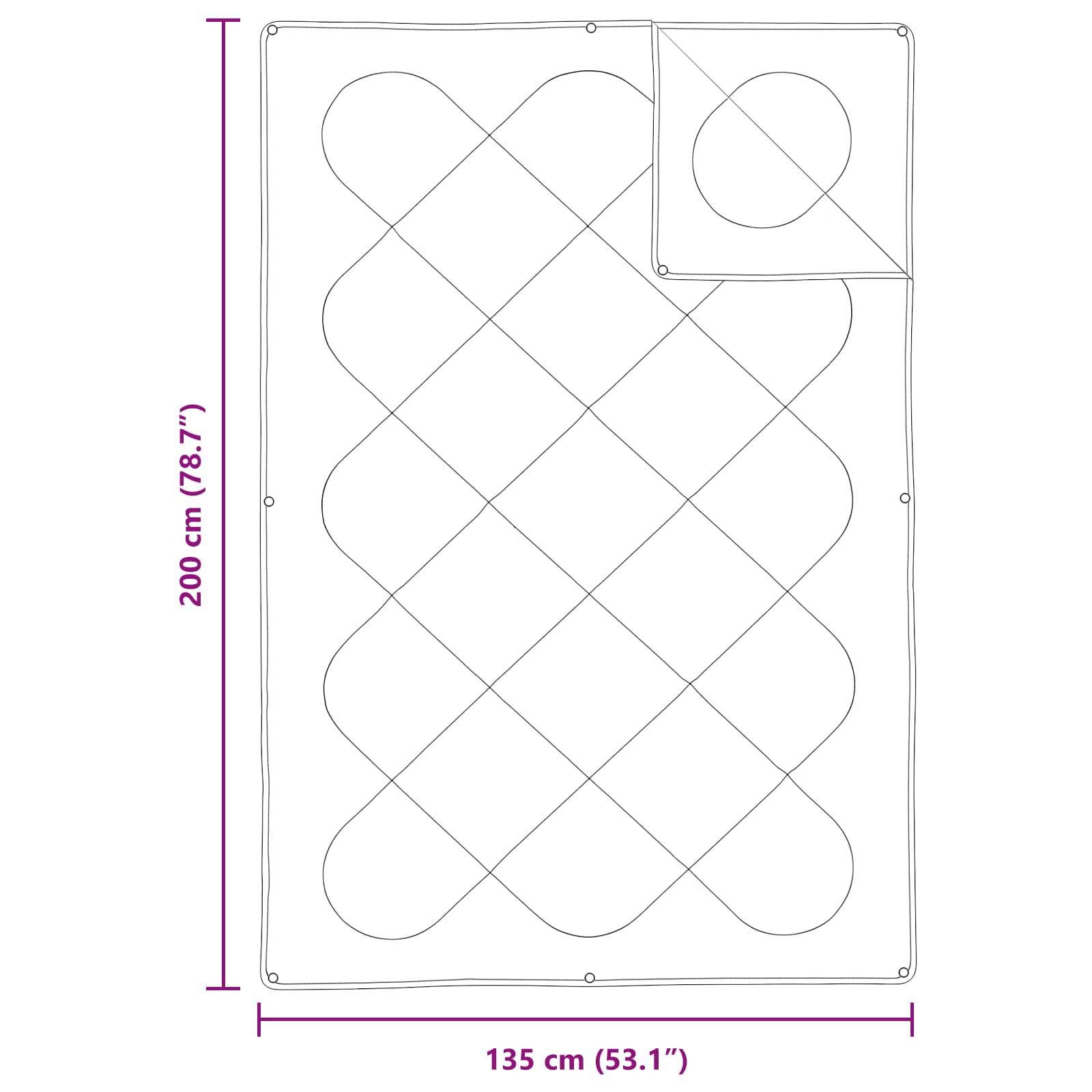 Steppdecke mit einem Rautenmuster-Design misst 200 cm mal 135 cm. Enthält einen kleineren quadratischen Einsatz mit einem Kreis in der Ecke.