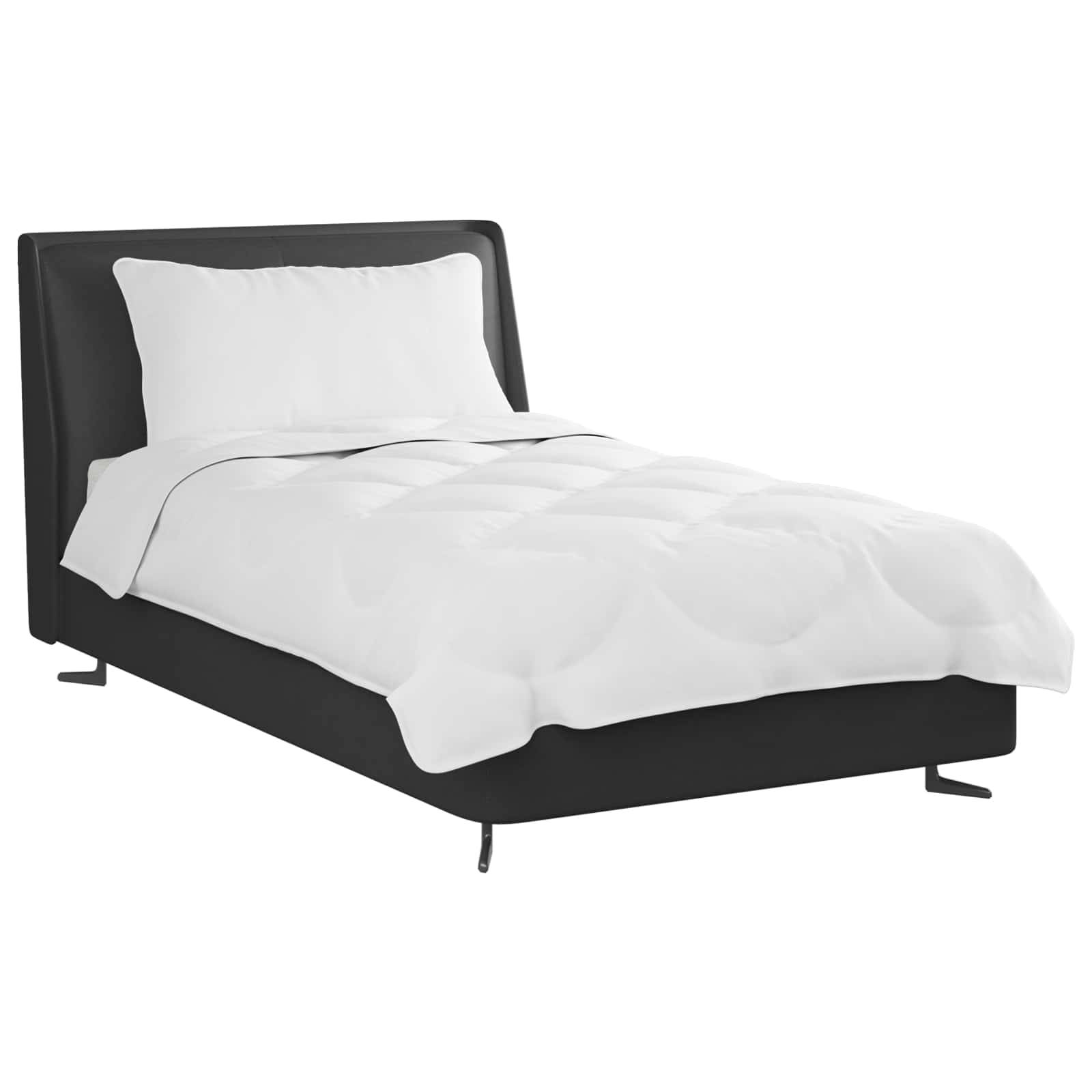 Ein schwarzes gepolstertes Bett mit weißem Kissen und weißer Bettwäsche, von der Seite betrachtet, das ein minimalistisches und modernes Design zeigt.