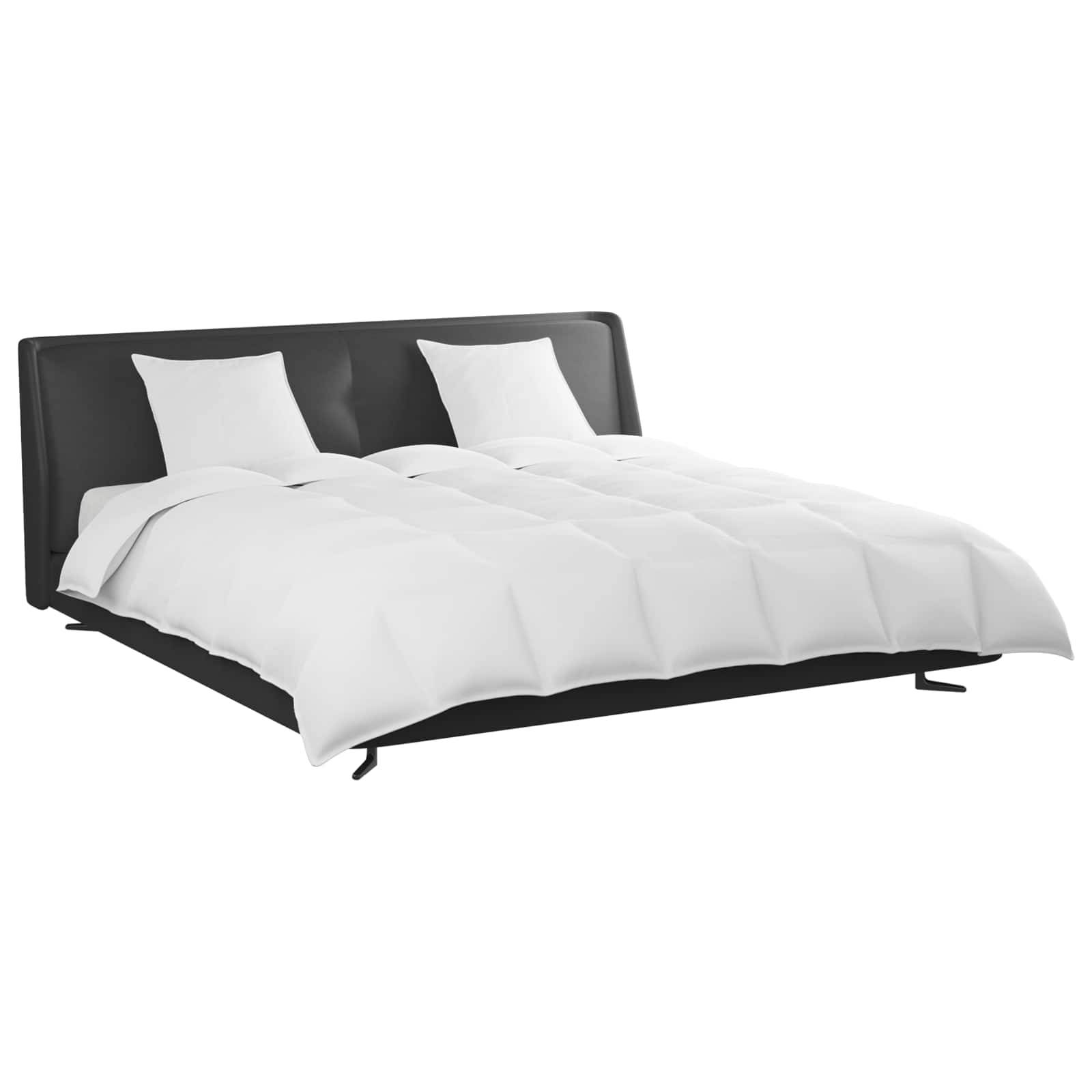 Ein aufgeräumtes, modernes Bett mit zwei Kissen und einer weißen Bettdecke auf einem schlanken, niedrigen schwarzen Rahmen, von vorne betrachtet.