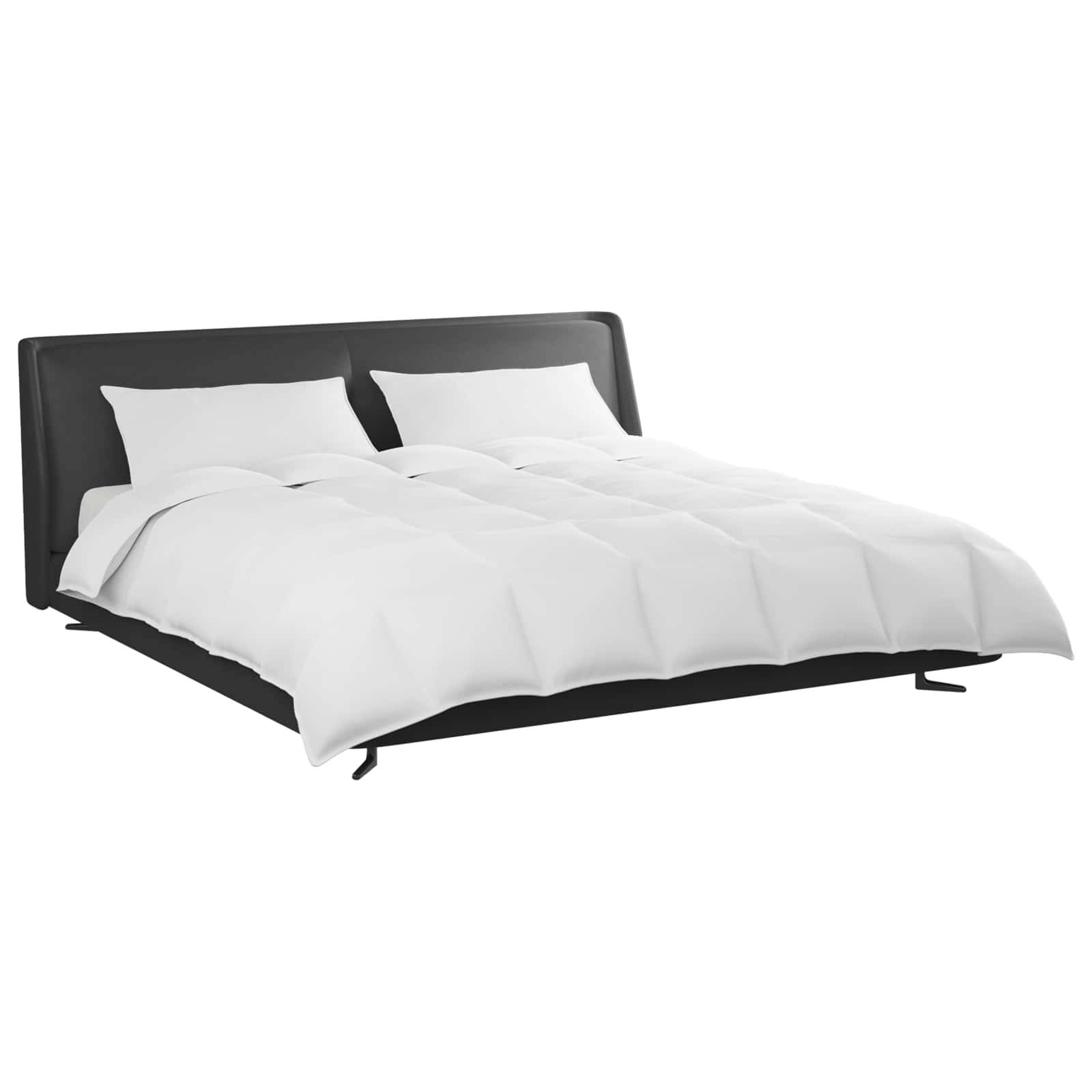 Ein modernes Bett mit einem schlanken schwarzen Rahmen und weißer Bettwäsche, ausgestattet mit zwei Kissen. Das Design ist minimalistisch und zeitgenössisch.