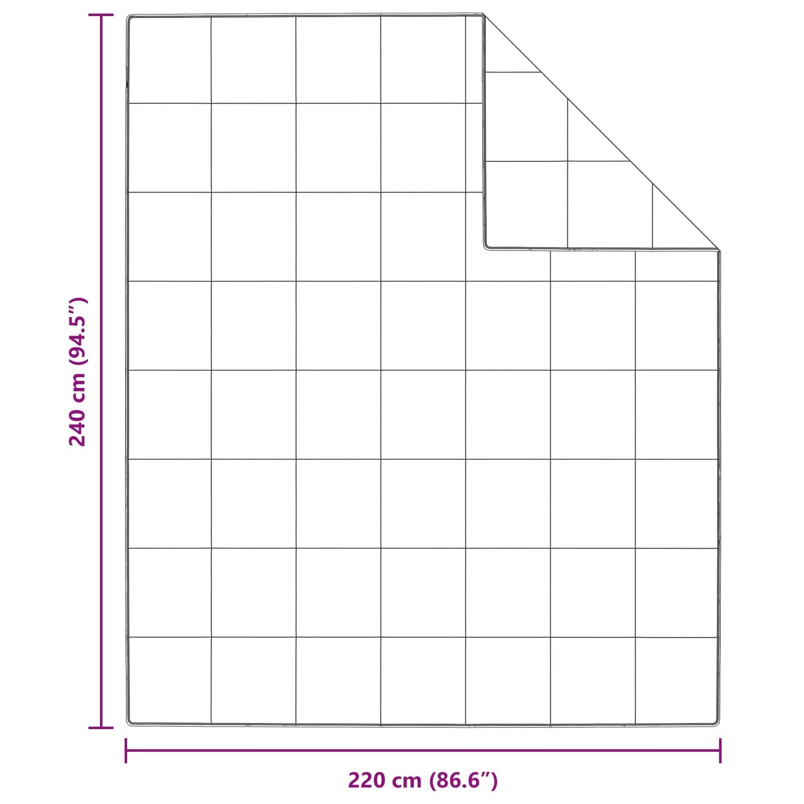 Diagramm eines rechteckigen Bettlakens mit den Abmessungen 240 cm x 220 cm, das ein Gitternetzmusters und eine Eckenfalte zeigt.