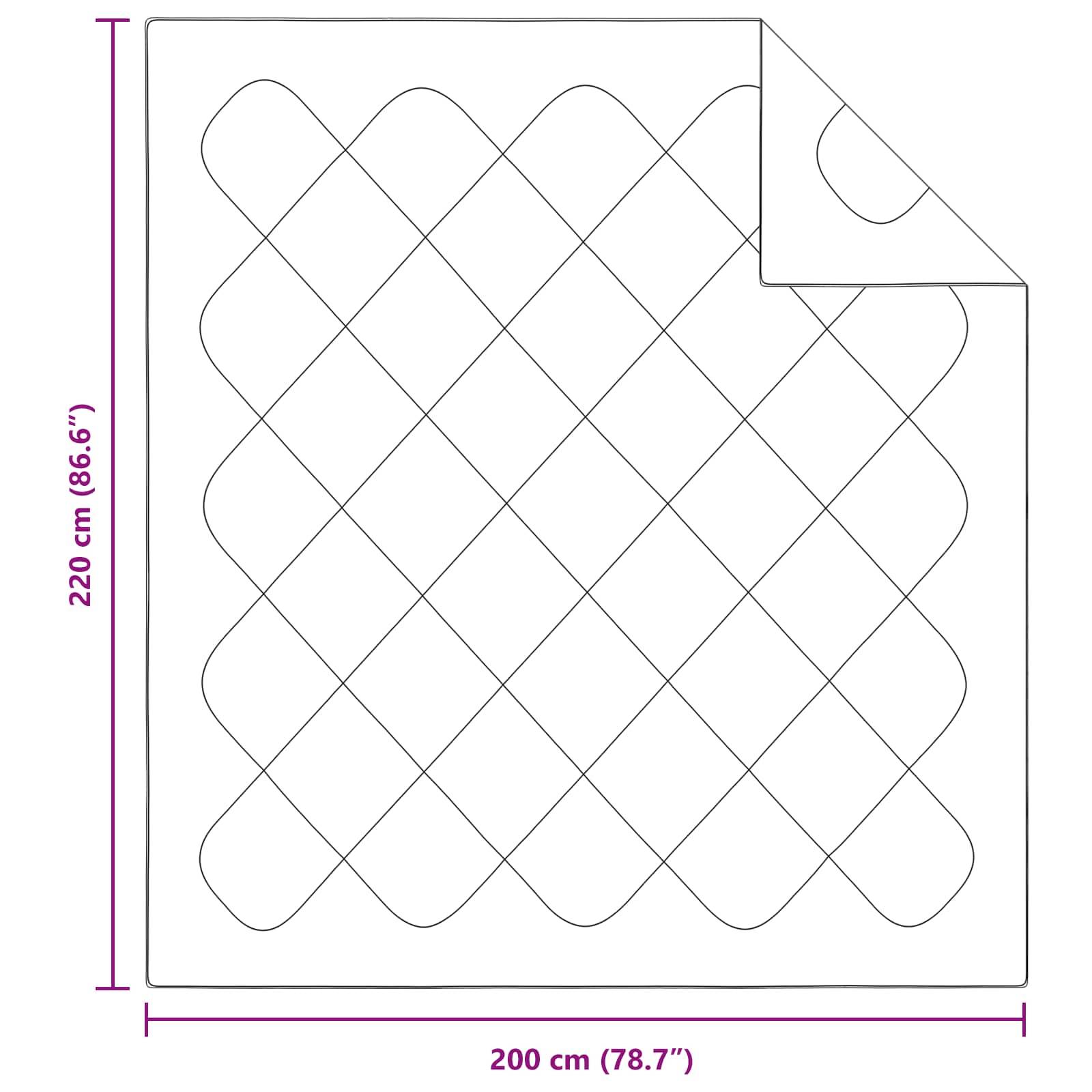Diagramm zeigt einen Bettbezug mit den Maßen 220 cm (86,6 Zoll) mal 200 cm (78,7 Zoll), versehen mit einem Rautenmuster und einer umgeschlagenen oberen Ecke.