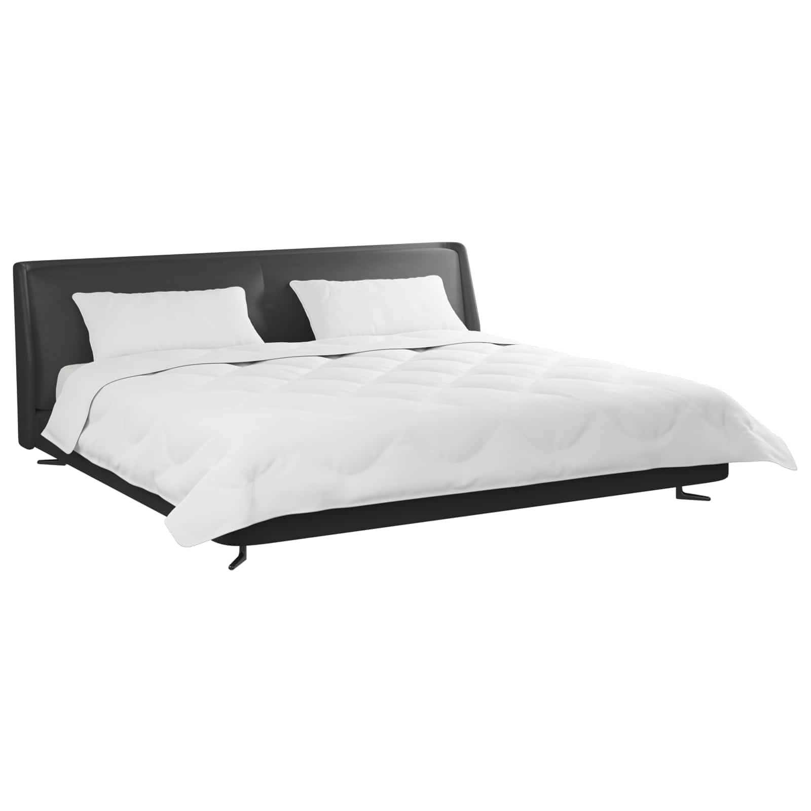 Ein modernes Bett mit schwarzem Rahmen, bezogen mit einer weißen Bettdecke und zwei Kissen, präsentiert vor einem einfarbigen weißen Hintergrund.