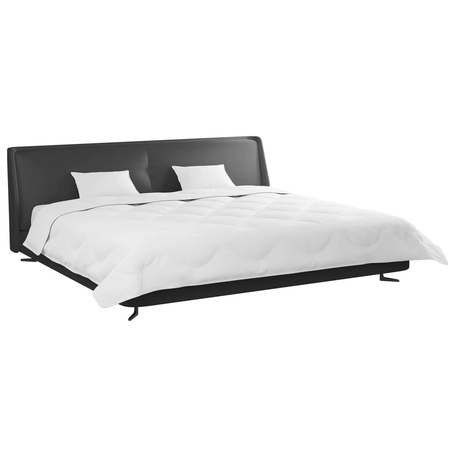 Ein modernes Bett mit einem schlanken schwarzen Rahmen, weißer Bettwäsche und zwei weißen Kissen, von der Seite betrachtet, das ein minimalistisches Design präsentiert.