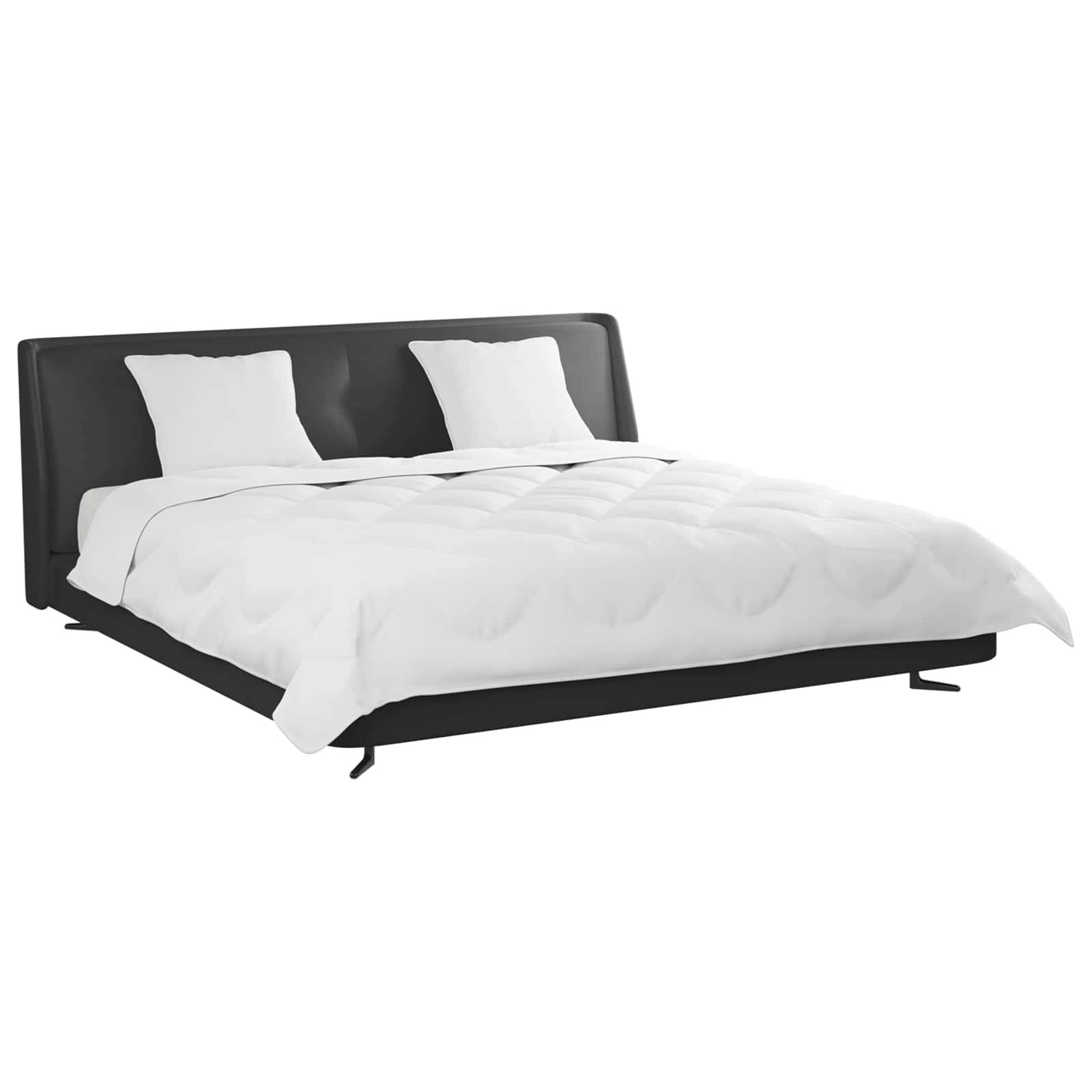 Ein modernes, minimalistisches schwarzes Bett mit einer weißen Bettdecke und zwei weißen Kissen, das ein schlankes Design präsentiert, das sich perfekt für ein zeitgenössisches Schlafzimmer eignet.