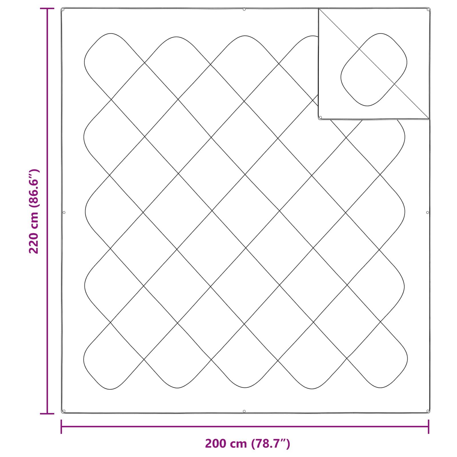 Ein Quiltmuster-Diagramm mit Rautenformen in einem Quadrat. Die Abmessungen sind mit 220 cm (86,6