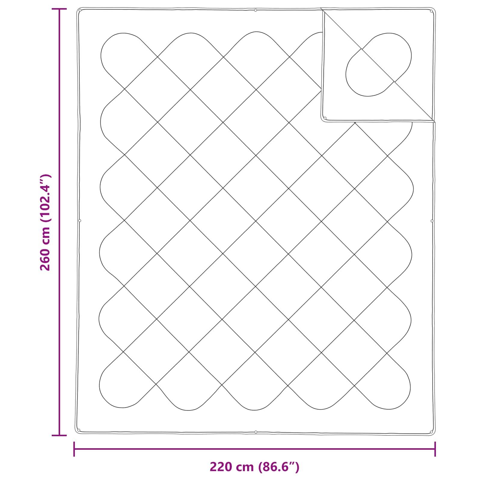 Quiltdesign mit gestepptem Diamantmuster, Abmessungen beschriftet: 220 cm (86,6
