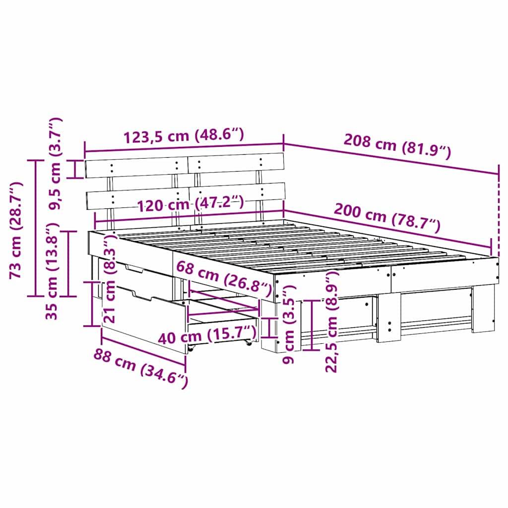 vidaXL Bettrahmen mit Kopfteil Braun 120 x 200 cm Massives Kiefernholz
