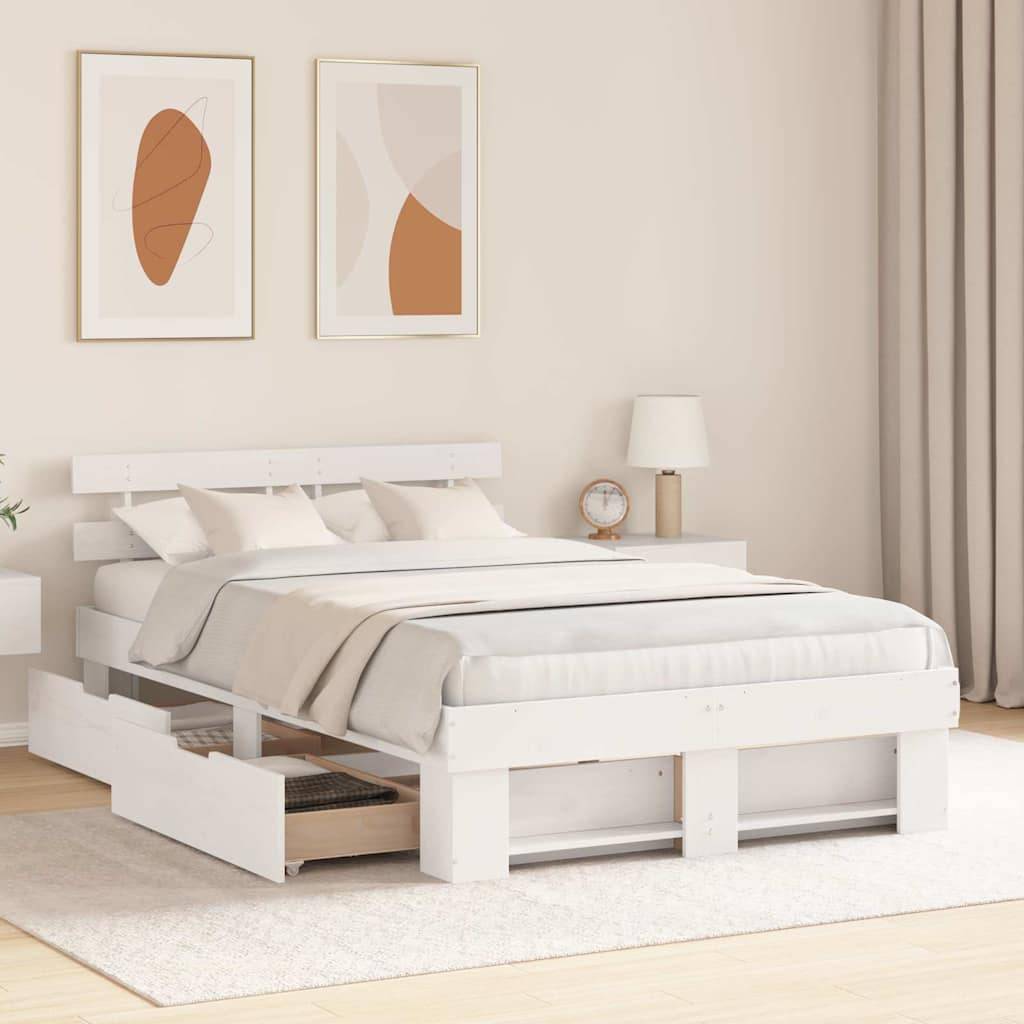 Modernes weißes Bett mit Schubladen zur Aufbewahrung in einem minimalistischen Schlafzimmer mit Kissen, Nachttischlampe und abstrakter Wandkunst.