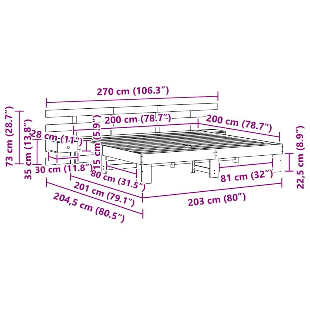 vidaXL Bettrahmen mit Kopfteil Braun 200 x 200 cm Massives Kiefernholz