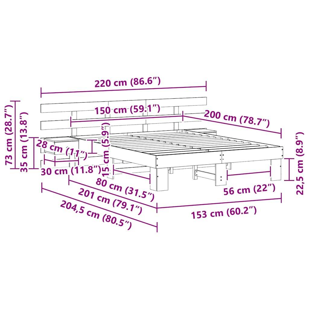 vidaXL Bettrahmen mit Kopfteil Braun 150 x 200 cm Massives Kiefernholz