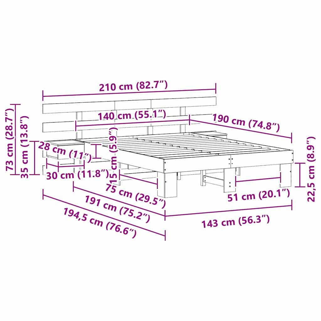 vidaXL Bettrahmen mit Kopfteil Braun 140 x 190 cm Massives Kiefernholz